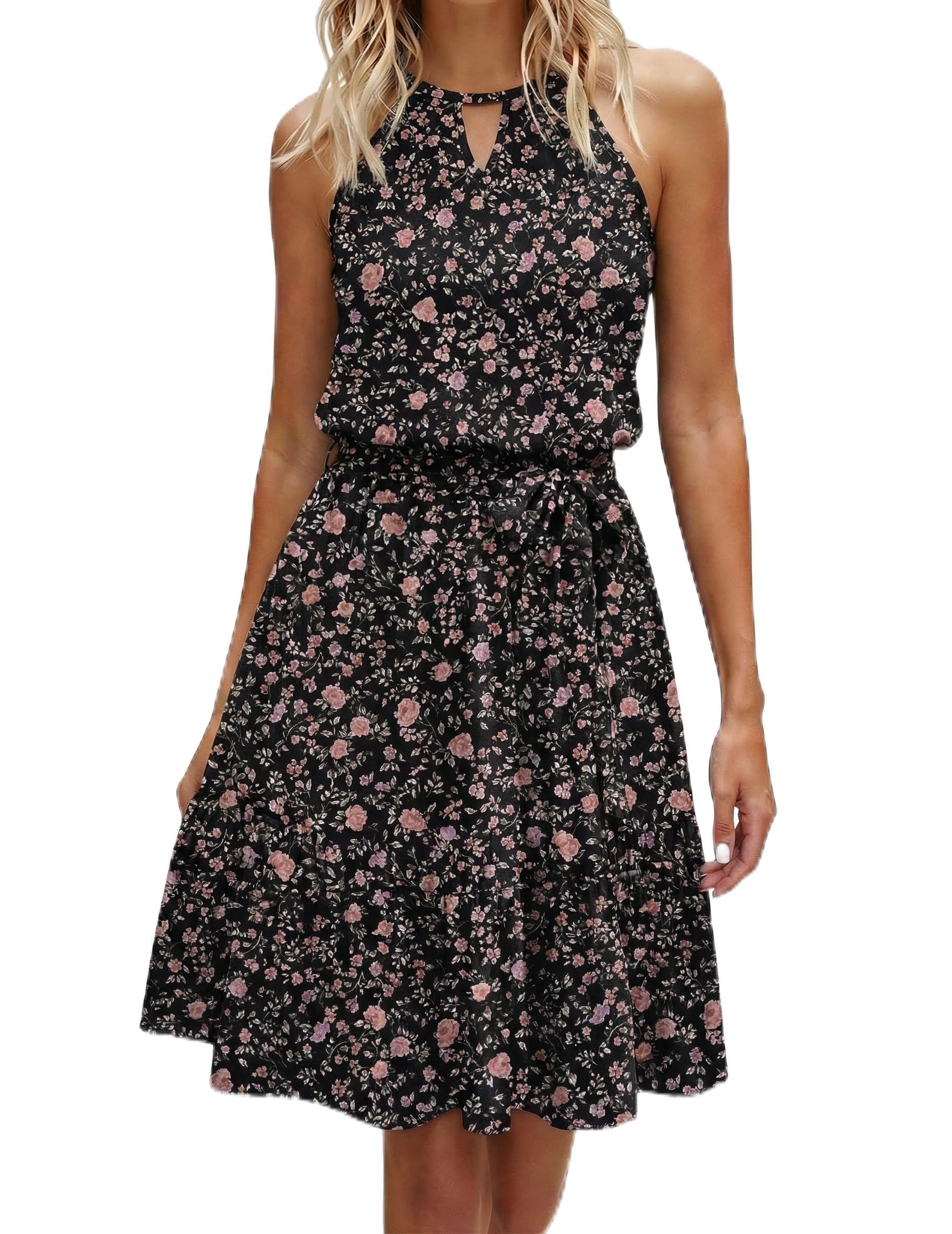Zeagoo Kleid Damen Sommer Neckholder Kleider Knielang Keyhole Sommerkleid Rüschen Blumenkleid Freizeitkleid mit Taschen