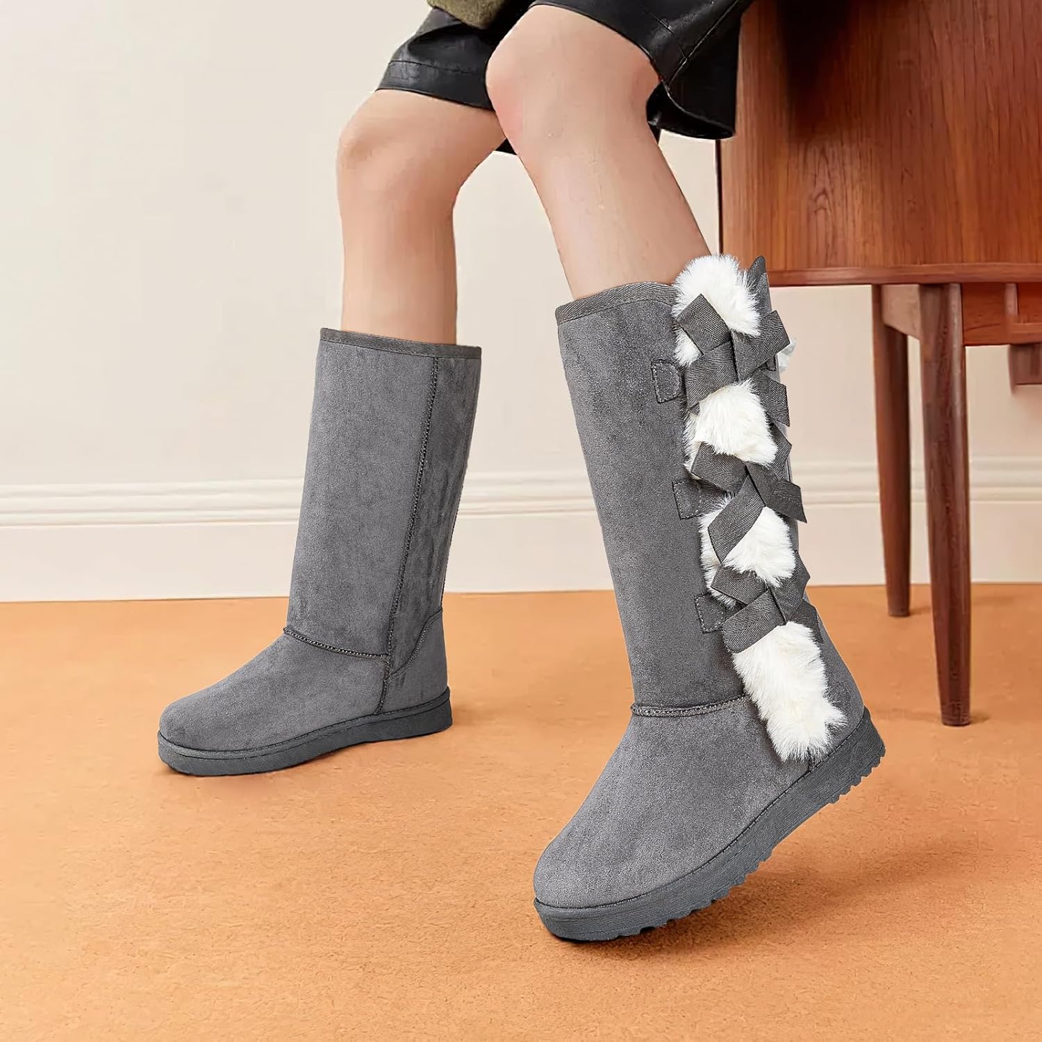 THATXUAOV Womens winter boots,Black fuzzy Mid-Calf Boots,fashion Warm casual outdoor snow boots for women - Image 2