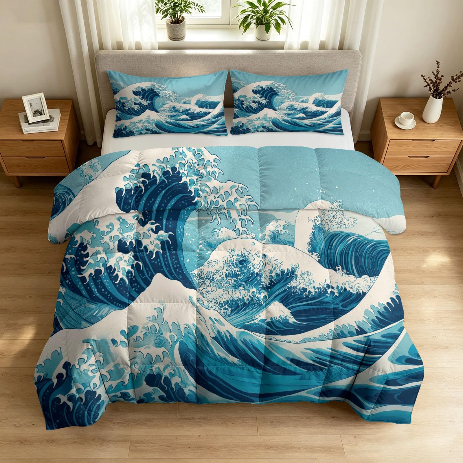 Generisch Japońska kołdra Ukiyo-e 200 x 220 cm na 4 pory roku, fale oceaniczne, całoroczna kołdra - miękka kołdra pikowana bez poszewki, nadająca się do prania, niebieska pościel z 2 poszewkami na