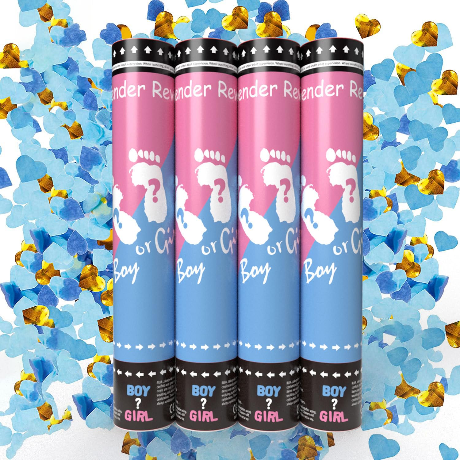 4 Blue Paper Gender Reveal Confetti Cannons Poppers Celebrate Baby Shower Party Supplies 11 Inch Length Boy or Girl Safe Heart Shaped Biodegradable Confetti