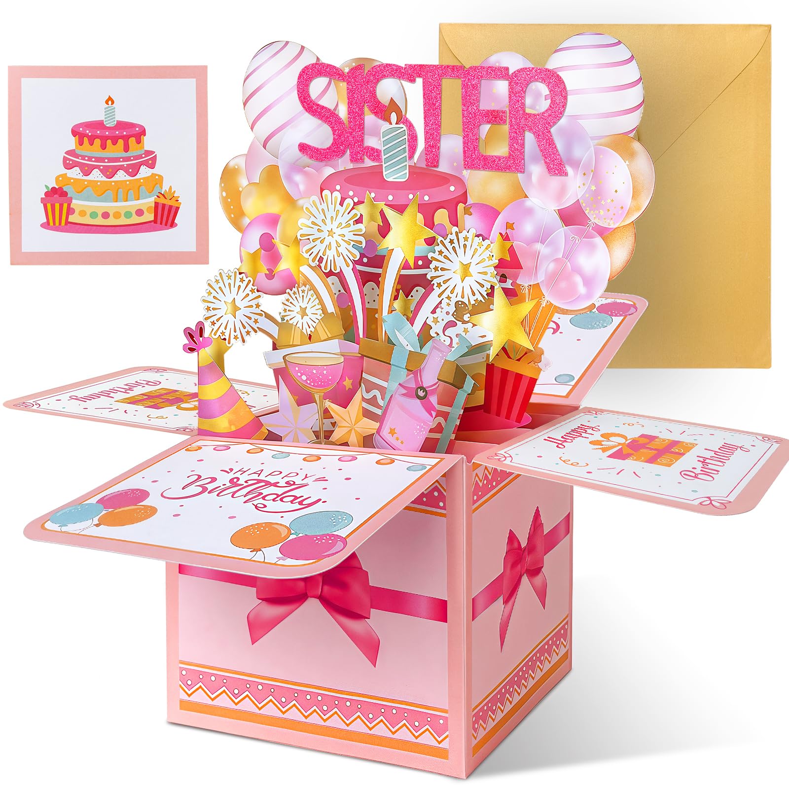 Happivue Sister Birthday Card, Pink Sweet Pop Up Happy Birthday Card Sister, Personalised Gifts for Sisters, 3D Greeting Cards for Girls Female Adult, Decoration Keepsake Gift for Her