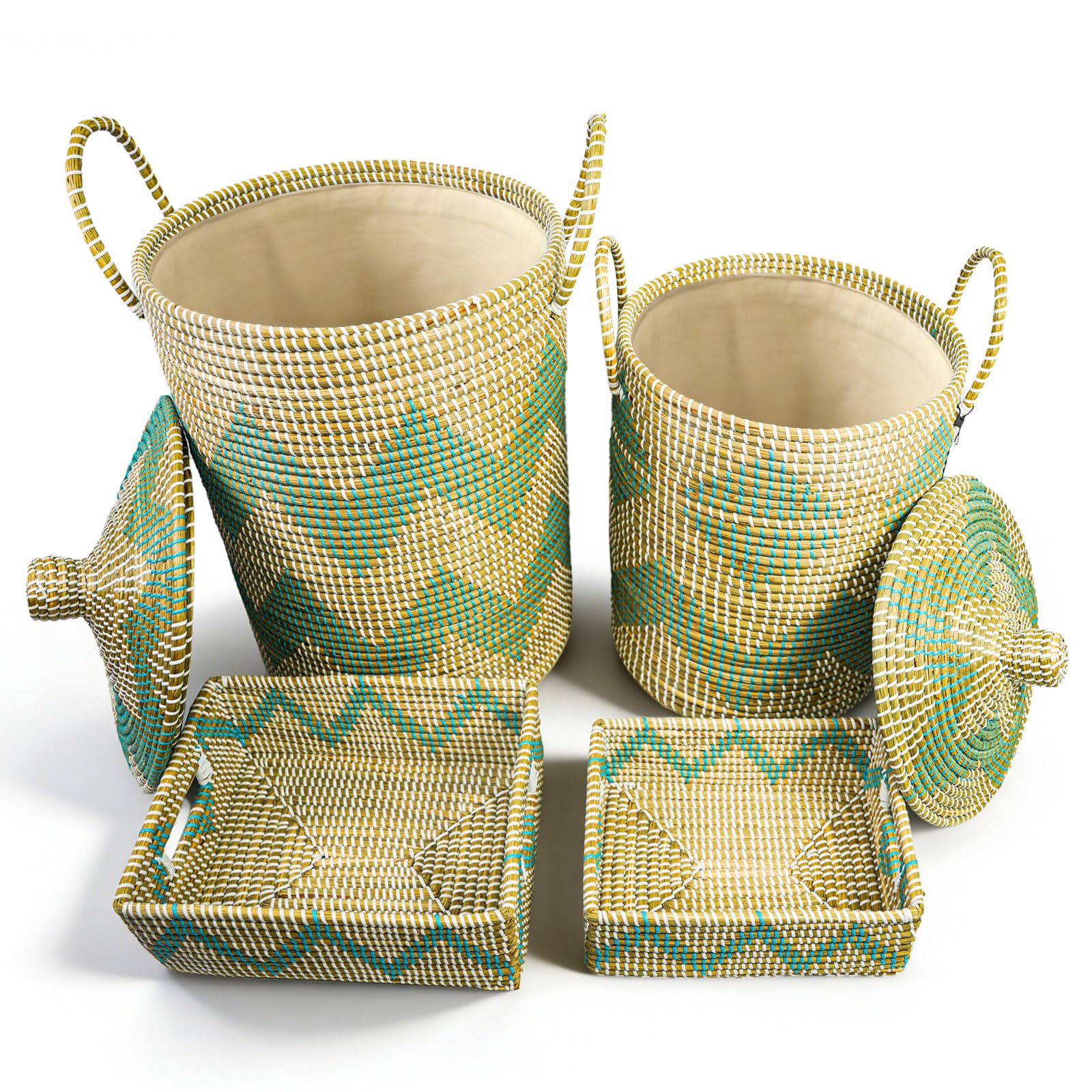 4er Set Aufbewahrungskorb Seegraskorb mit Griffen, Wäschekorb Geflochtener Korb, Handgeflochtener Spielzeugkorb aus Vietnam, 53L/34.5L/5L/3.2L für Wohnzimmer Schlafzimmer Küche Bad Kinderzimmer