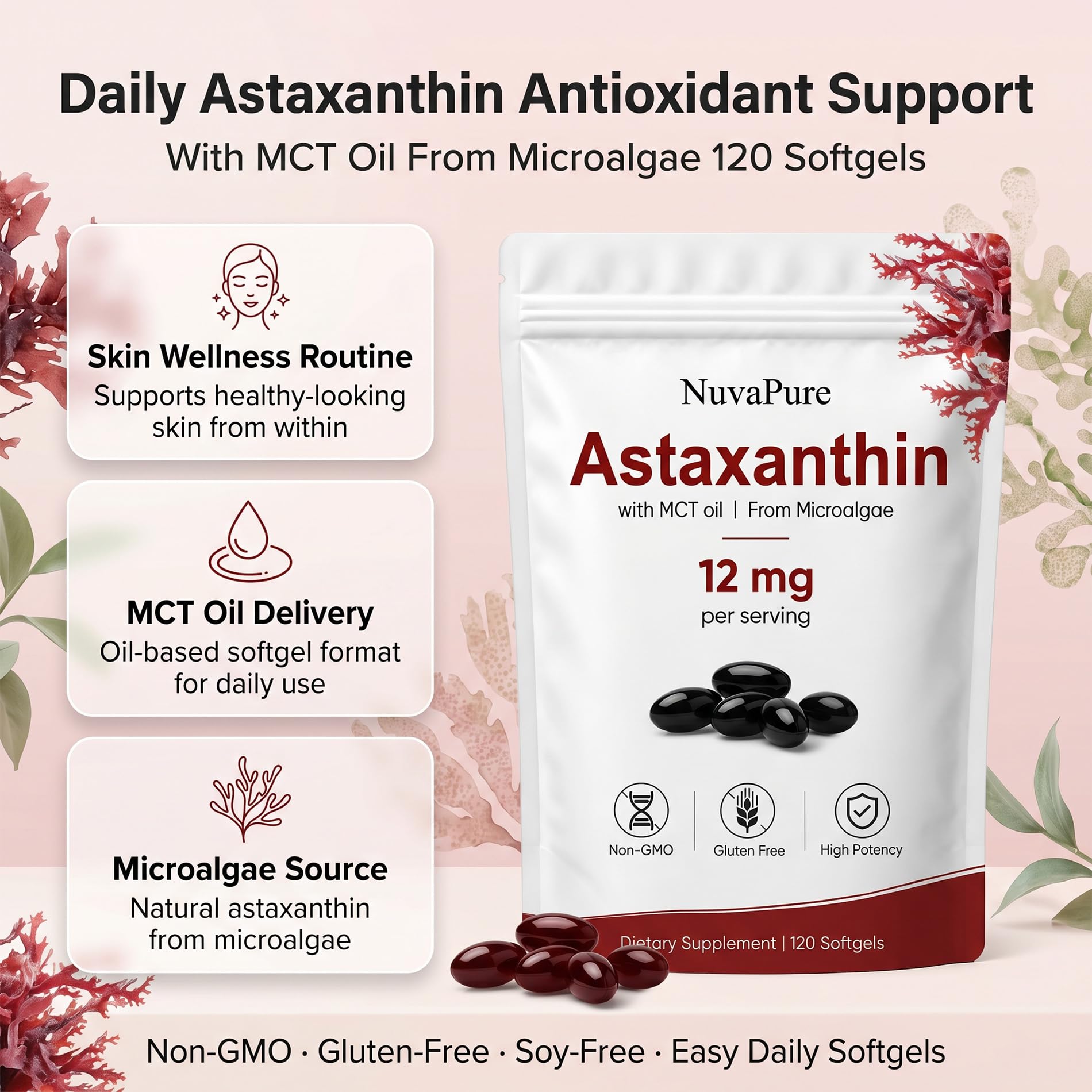 NuvaPure Astaxanthin 12mg with MCT Oil, Natural Astaxanthin from Haematococcus Pluvialis Microalgae, Daily Antioxidant Support Softgels, Non-GMO, Gluten-Free, Soy-Free, 120 Count (1) — Amazon image 2