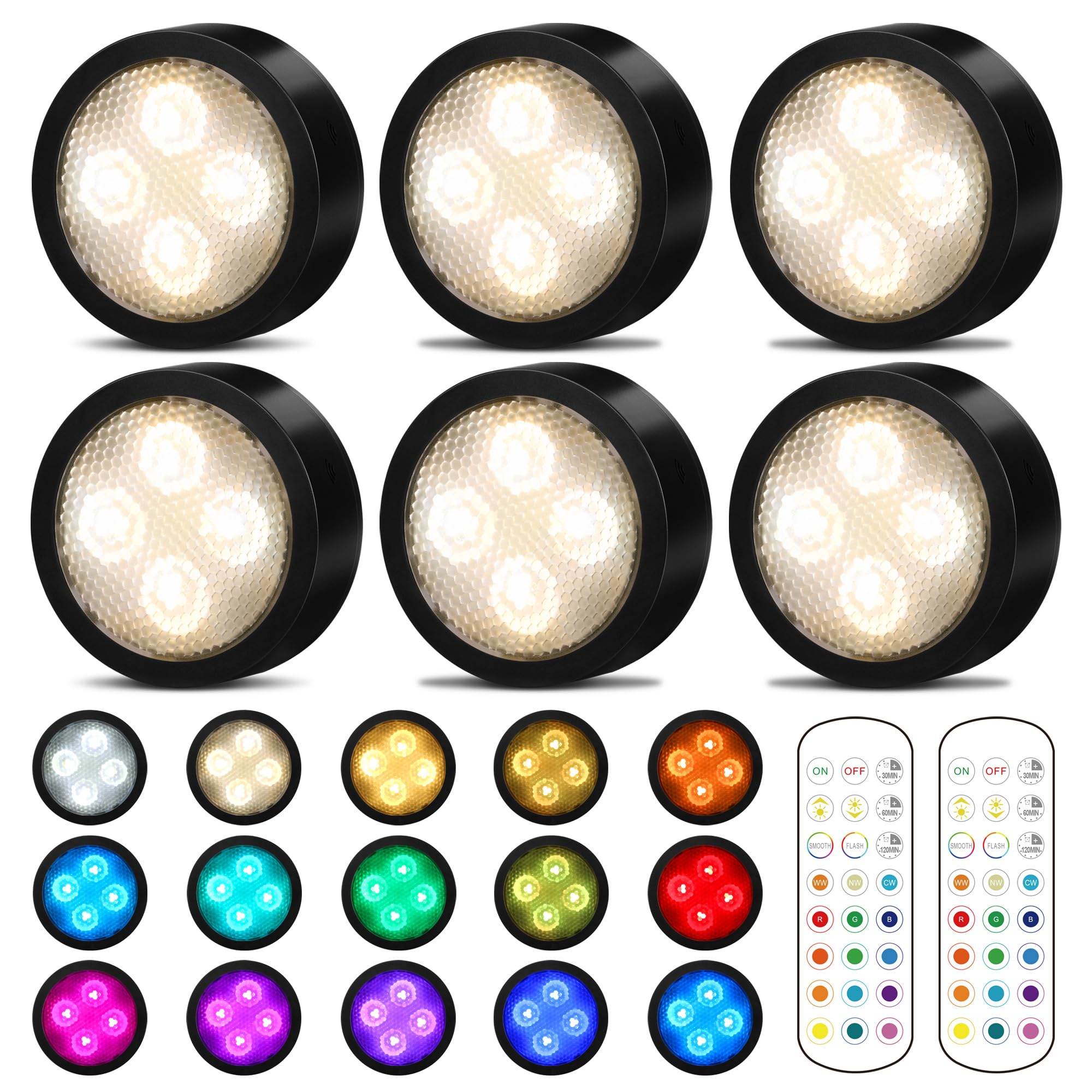 Onumii Under Cupboard Kitchen LED Lights - Battery Operated, Stick-on Wireless Under Cabinet Lighting, Colour Changing Puck Lights With Remote Control, 6 Pack - Black