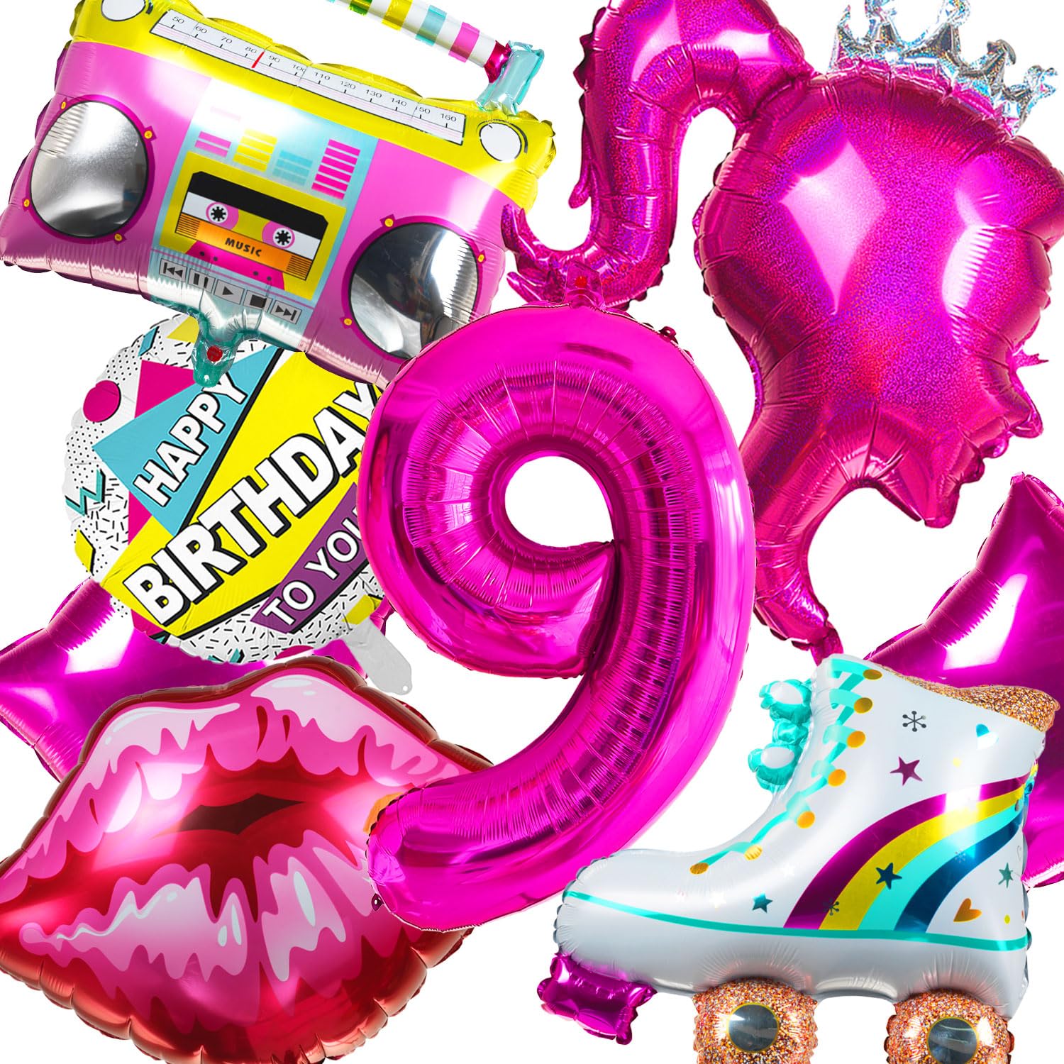 8Pcs Hot Pink Princess Foil Number Balloon Silver Balloons Girl Head Balloons Photo Prop For Princess Theme Party Decorations Box Photo Booth Backdrop Little Girl Makeup Birthday Supply (Number 9)