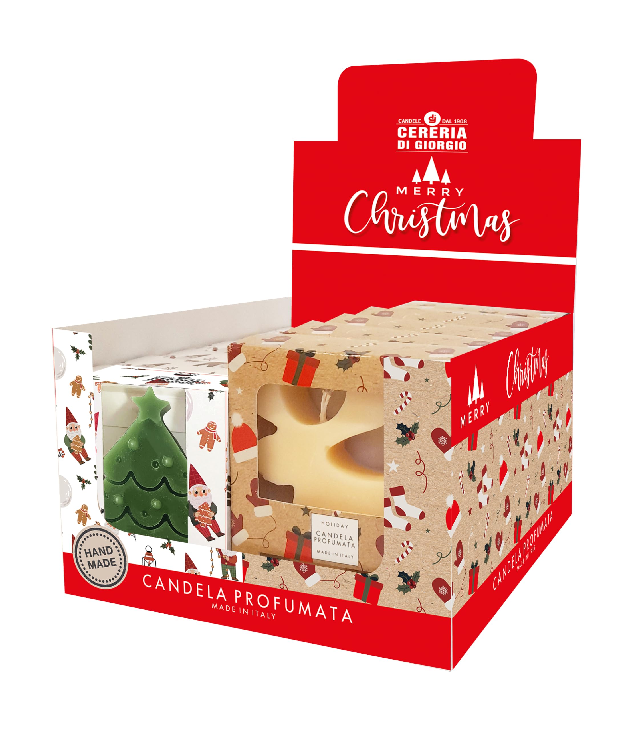 Cereria Di Giorgio - Display mit 6 Rentierkerzen und 6 Kerzen in Form eines Weihnachtsbaums - Honig-Zimtduft - Dekoriertes Etui - Handgefertigt