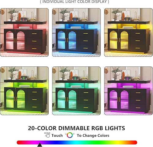 Miniatura 5 de Gurexl Gabinete de buffet LED de 40 pulgadas con estación de carga inalámbrica, sensor automático RGB de 20 colores regulable con inducción de Negro