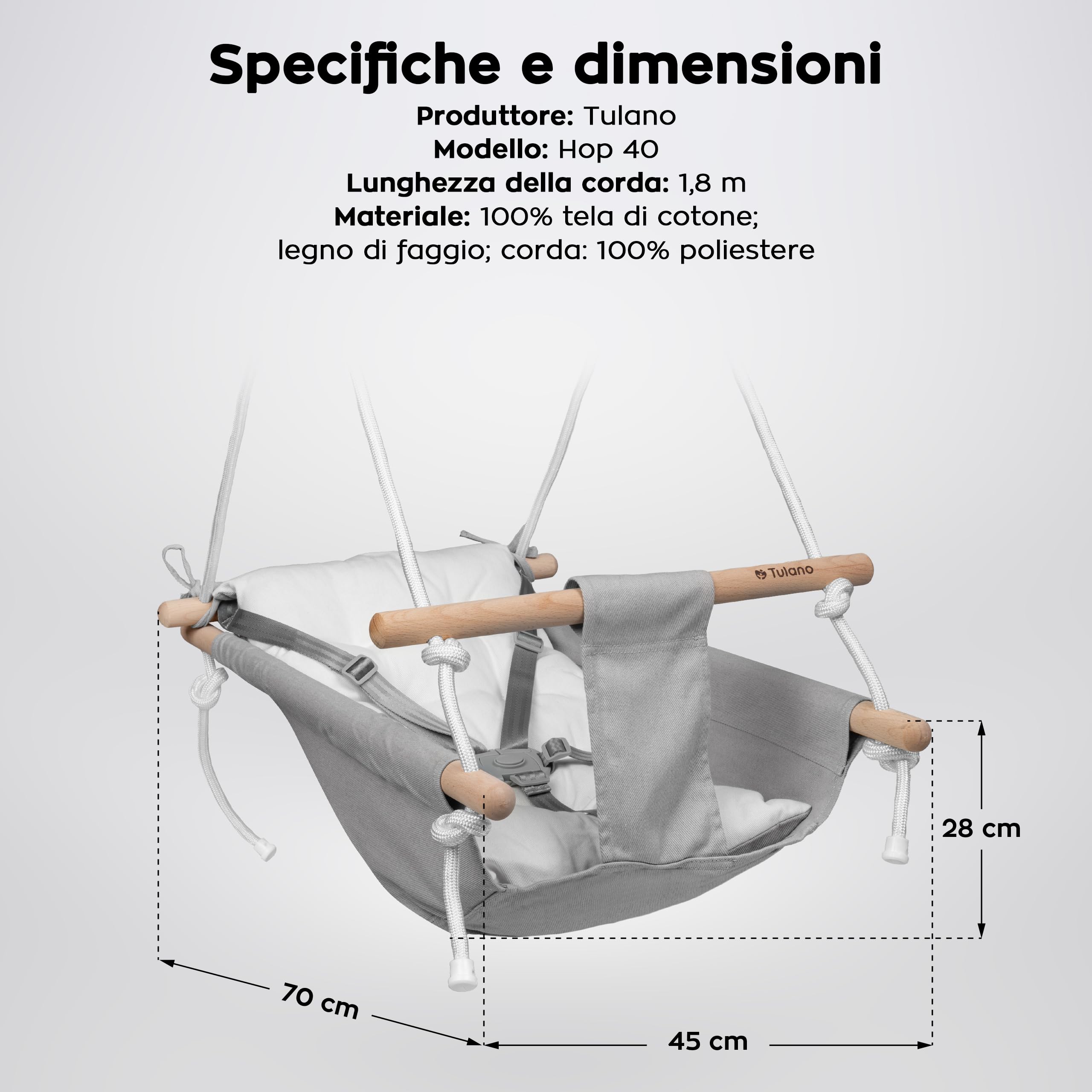 Tulano Hop 40 Altalena per bambini 3in1 - Altalena sospesa e seggiolino in cotone e legno - Dai 6 mesi - Imbottitura sicura - Portata 60 kg - Per interno ed esterno - Grigio