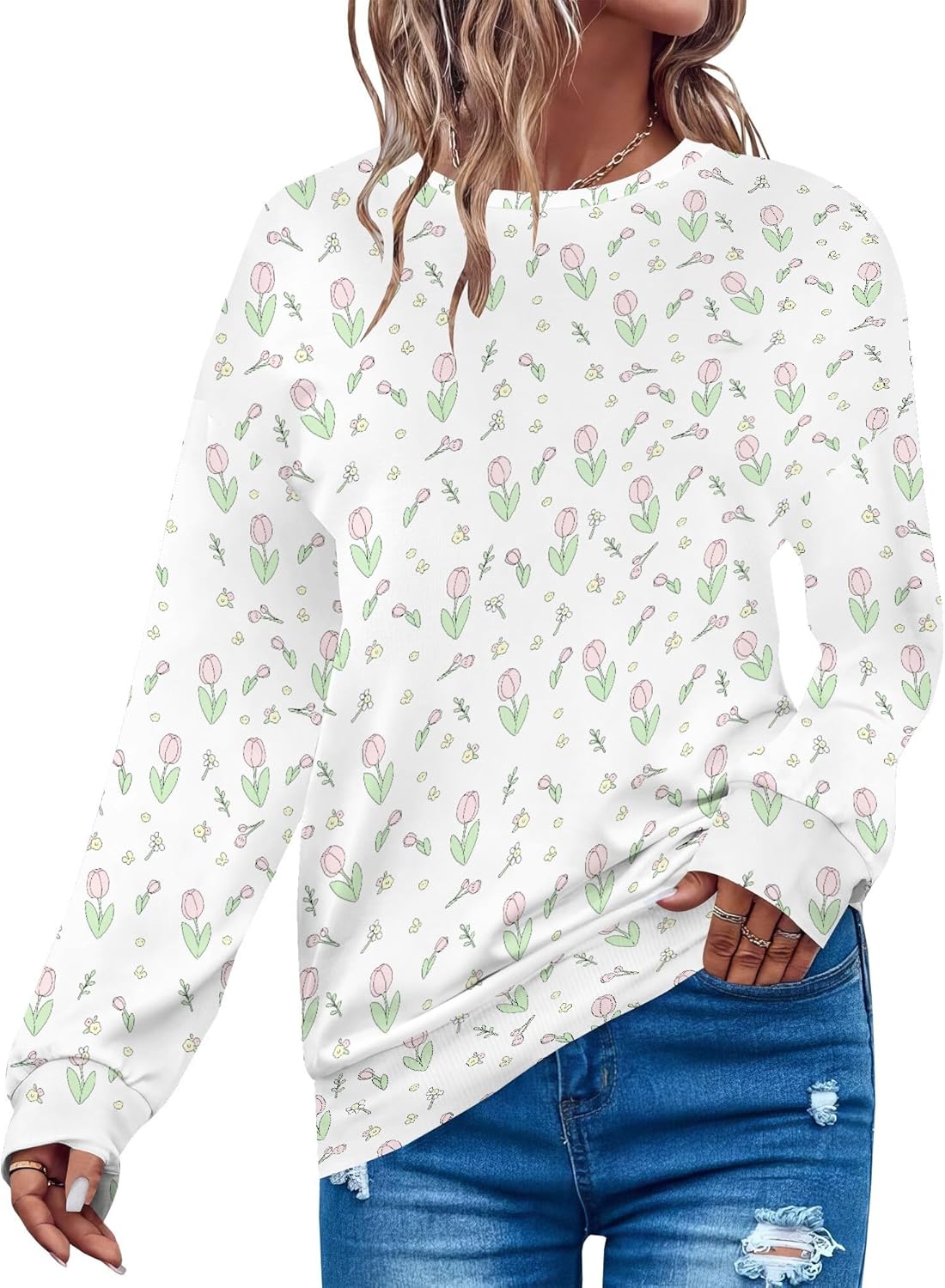 Floral Sweatshirt Long Sleeve Crewneck Pullover Fall Cute Trendy Comfy Qutfits Oversized Casual Clothing For Women
