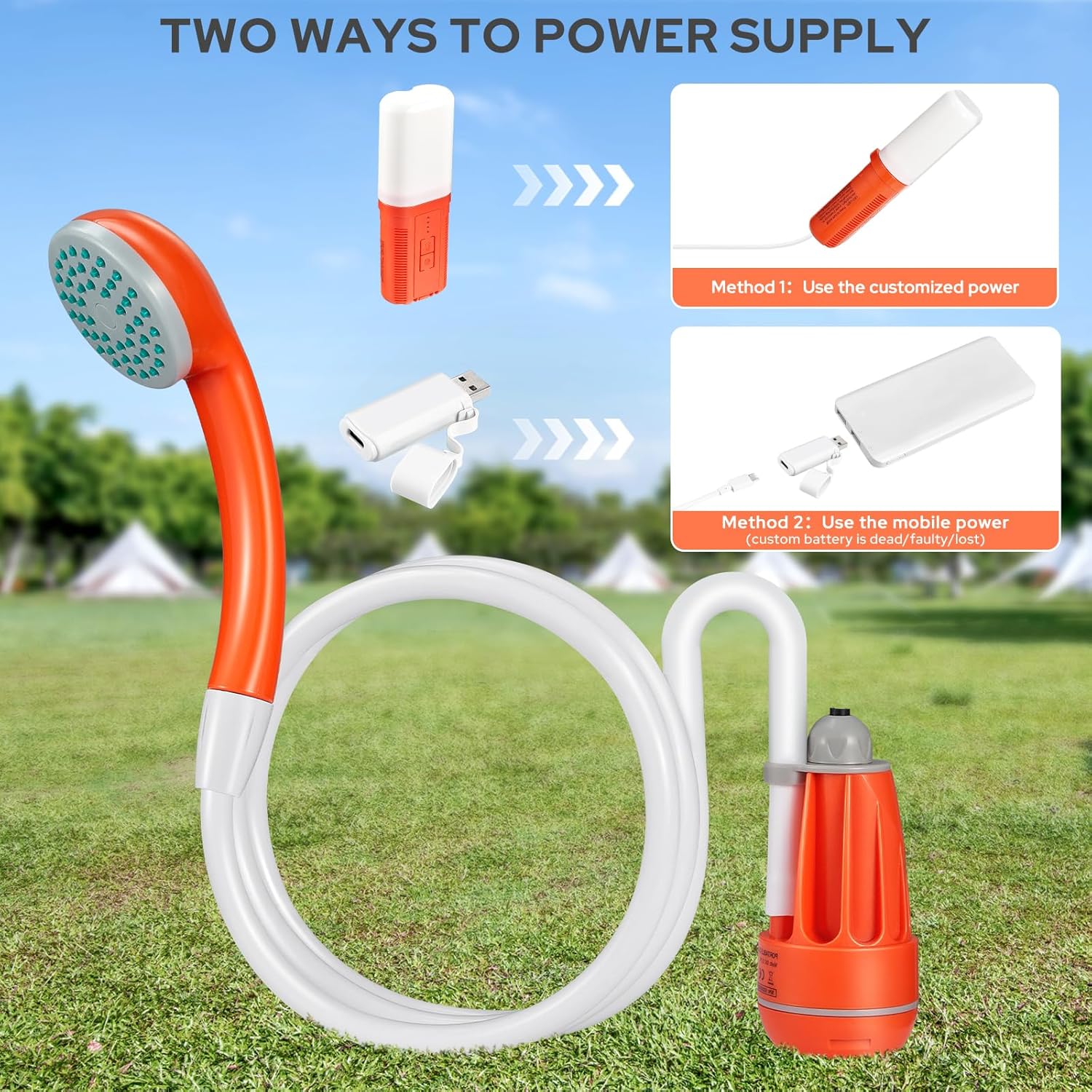 Portable Shower for Camping, 4400mAh Electric Portable Camping Shower with USB C Adapter, Outdoor Camp Pump with LED Camping Light, Multiple Power Supply Methods, for Hiking, Travel, Car