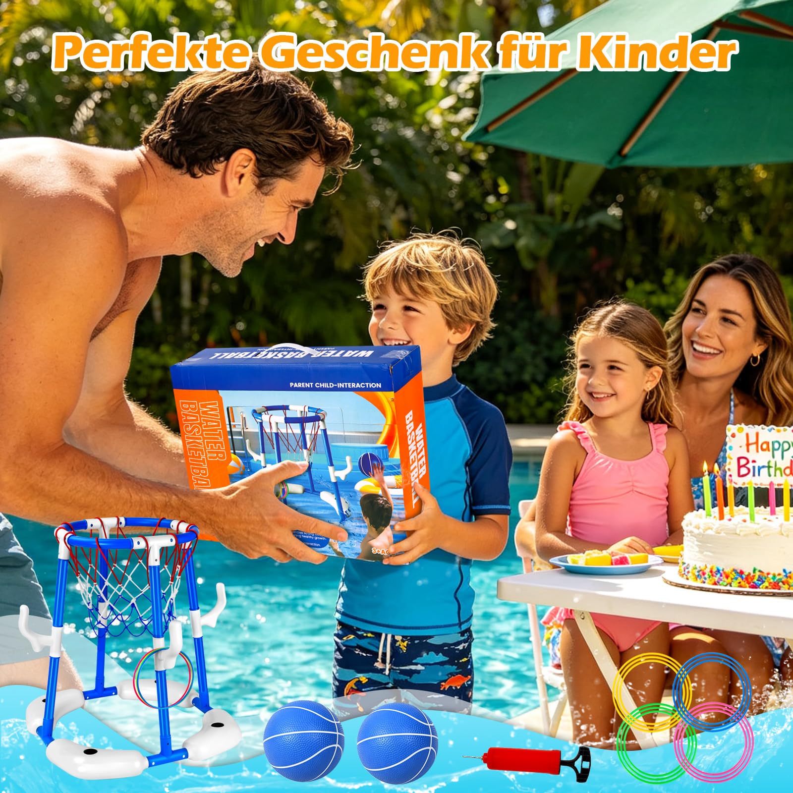 Pool Basketballkorb 2-in-1 Schwimmender Basketball Hoop für Kinder Erwachsene mit 2 Bällen 12 Ringen Pumpe