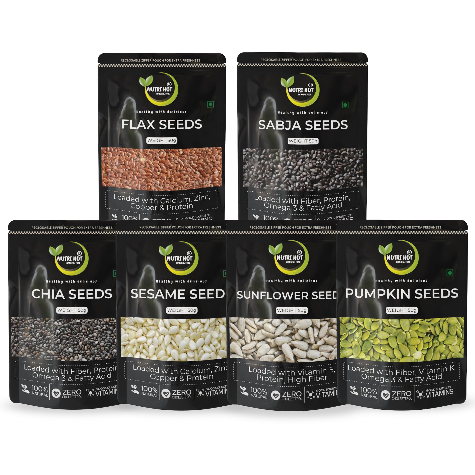 Nutri Hut 6-in-1 Super Seeds Combo Pack | Pumpkin, Sunflower, Flax, Chia, Basil (Sabja) & Sesame Seeds | 100g Each | Rich in Protein, Fiber & Omega 3 | 100% Natural | Superfood for Energy (300g)-image-45