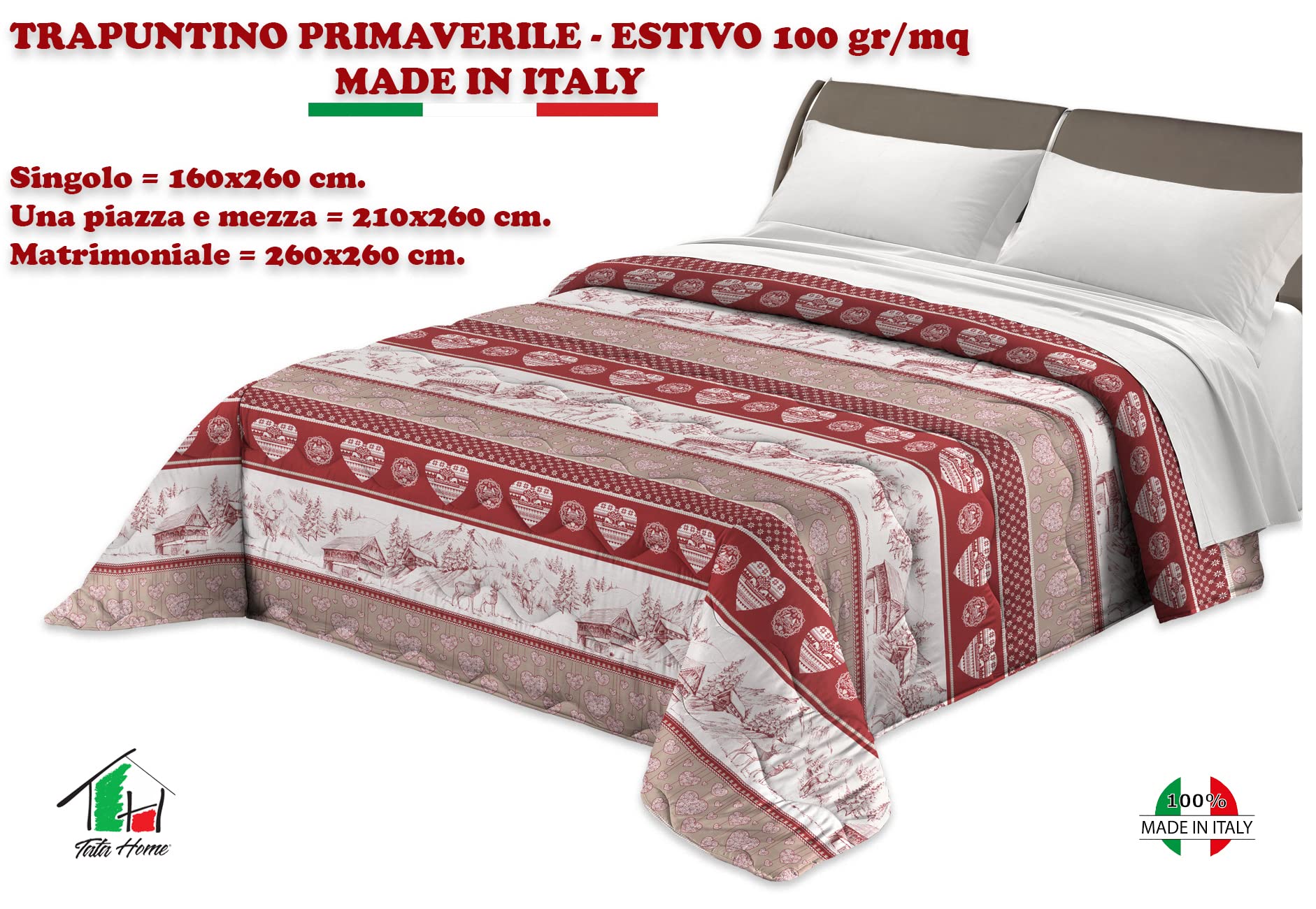 Tata Home Trapuntino Copriletto Trapuntato Primaverile Estivo 100 gr/mq Quilt Leggero Letto Singolo 160x260 cm Fantasia Tirolese Made in Italy MOD. Alpin