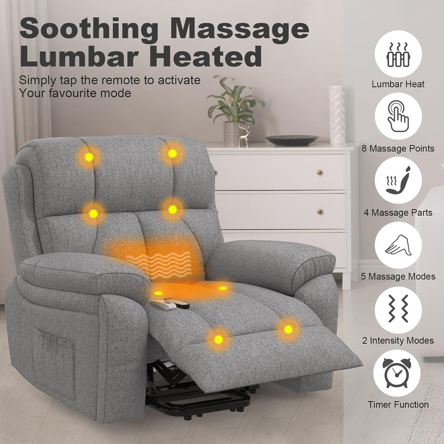 Fernsehsessel Elektrisch Verstellbar, 60 cm breiter Liegestuhl Aufstehhilfe Massagesessel mit Massage Wärmefunktion Seniorensessel Relaxliege 2 Seitentaschen und Getränkehalter,USB+ Typ-C Anschluss