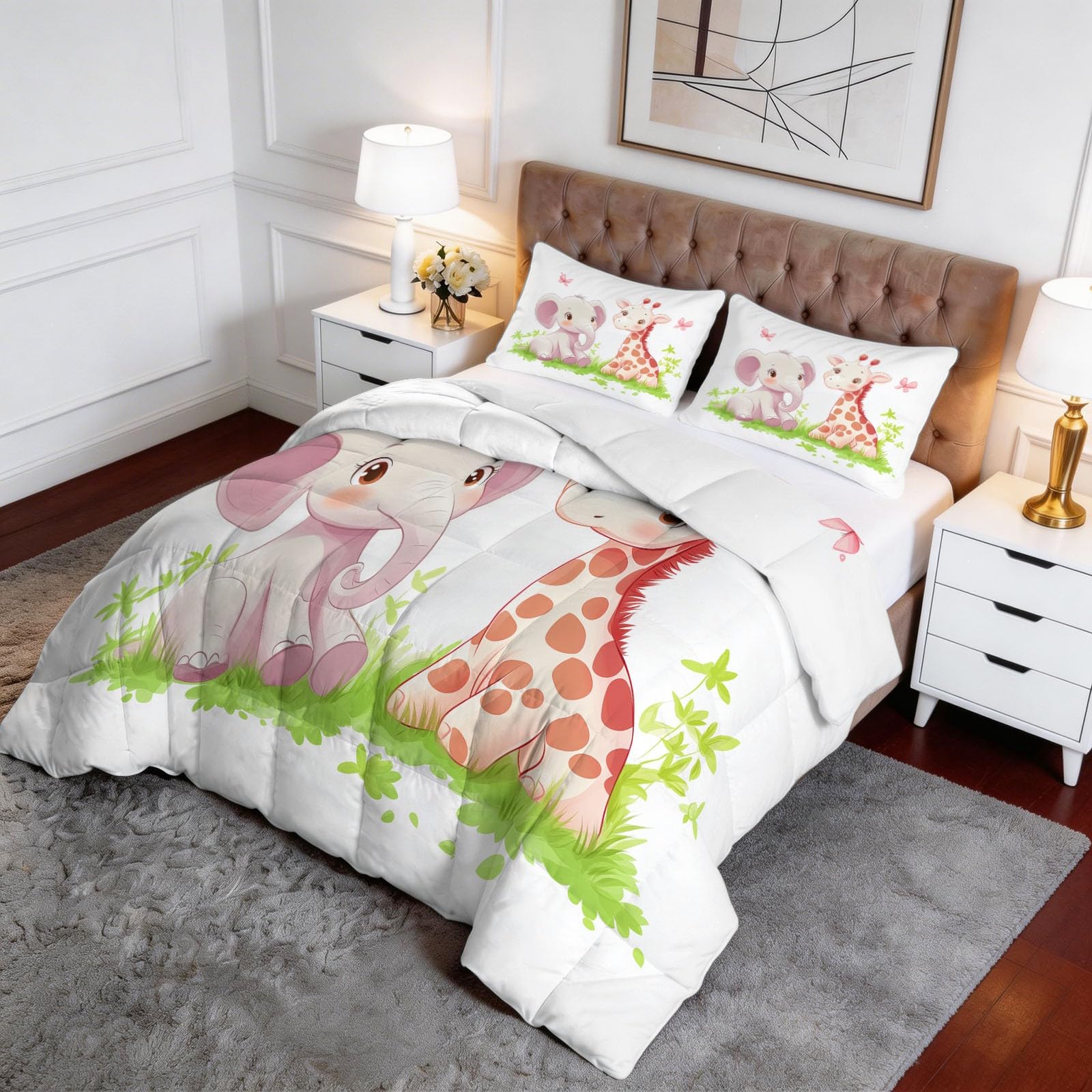 Genérico Edredón Nórdico 150 x 220 cm Elefante Jirafa Diseño, Relleno de Ecopiuma 400g/m² – Confort Térmico 4 Estaciones, Antialérgico – Set 3 Piezas Niños y Niñas, Beige