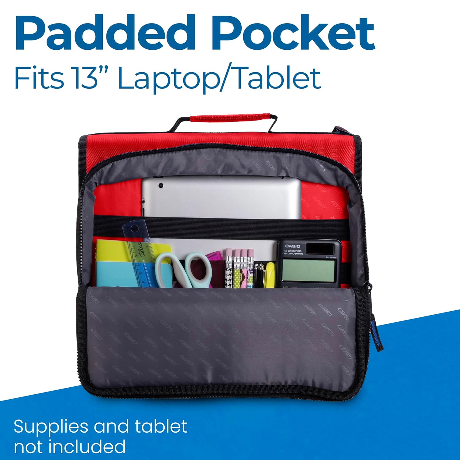 Case-it Universal Zipper Binder | 2-Inch O-Rings,13-Inch Laptop/Tablet Padded Pocket,400 Sheet Capacity,Multiple StoragePockets & Shoulder Strap | School & Office Organizer | LT-007 Fire Engine Red