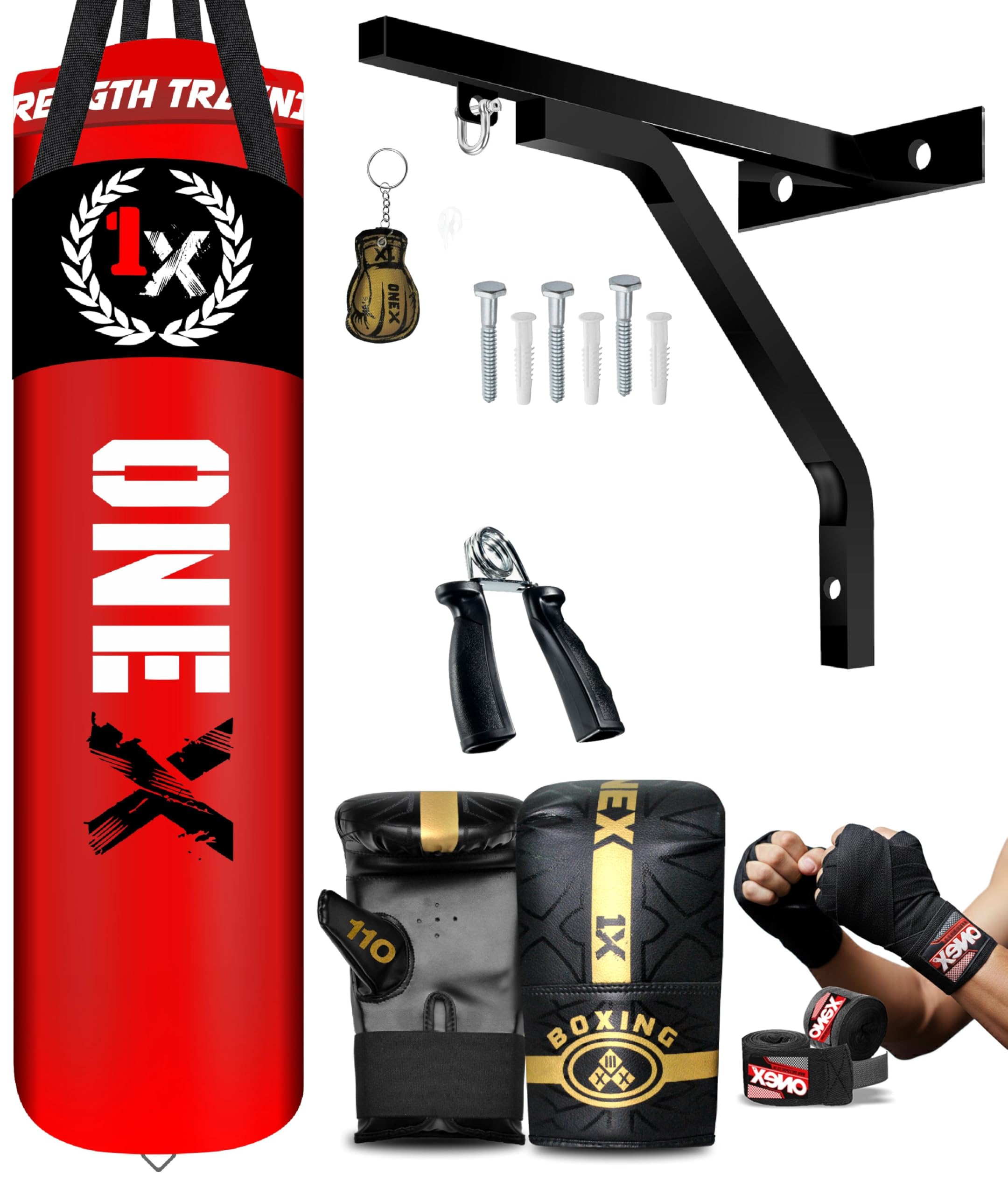 ONEX Heavy Filled Boxing Punch Bag Set Gloves Bracket MMA Pad Punching Kick Bag 13Pcs 3ft – 4ft - 5ft With Straps (Red, 5ft)