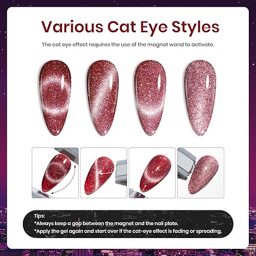 Miniatura 5 de Beetles - Juego de 6 esmaltes de uñas de gel con purpurina holográfica de ojo de gato, rojo, morado, azul, con imán, para primavera, semipermanente,