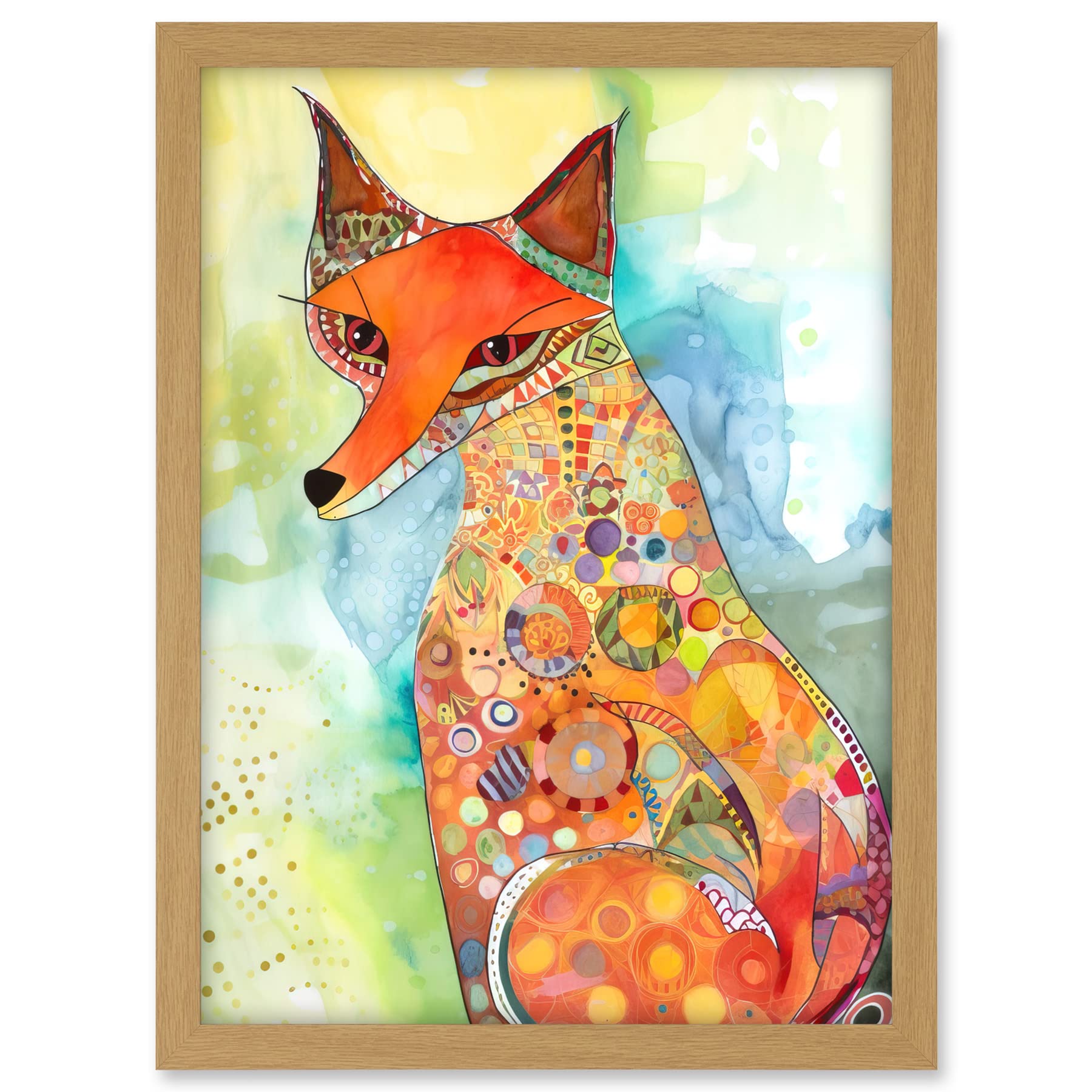 Artery8 Sitting Fox Folk Art Watercolour Painting Artwork Framed A3 Wall Art Print