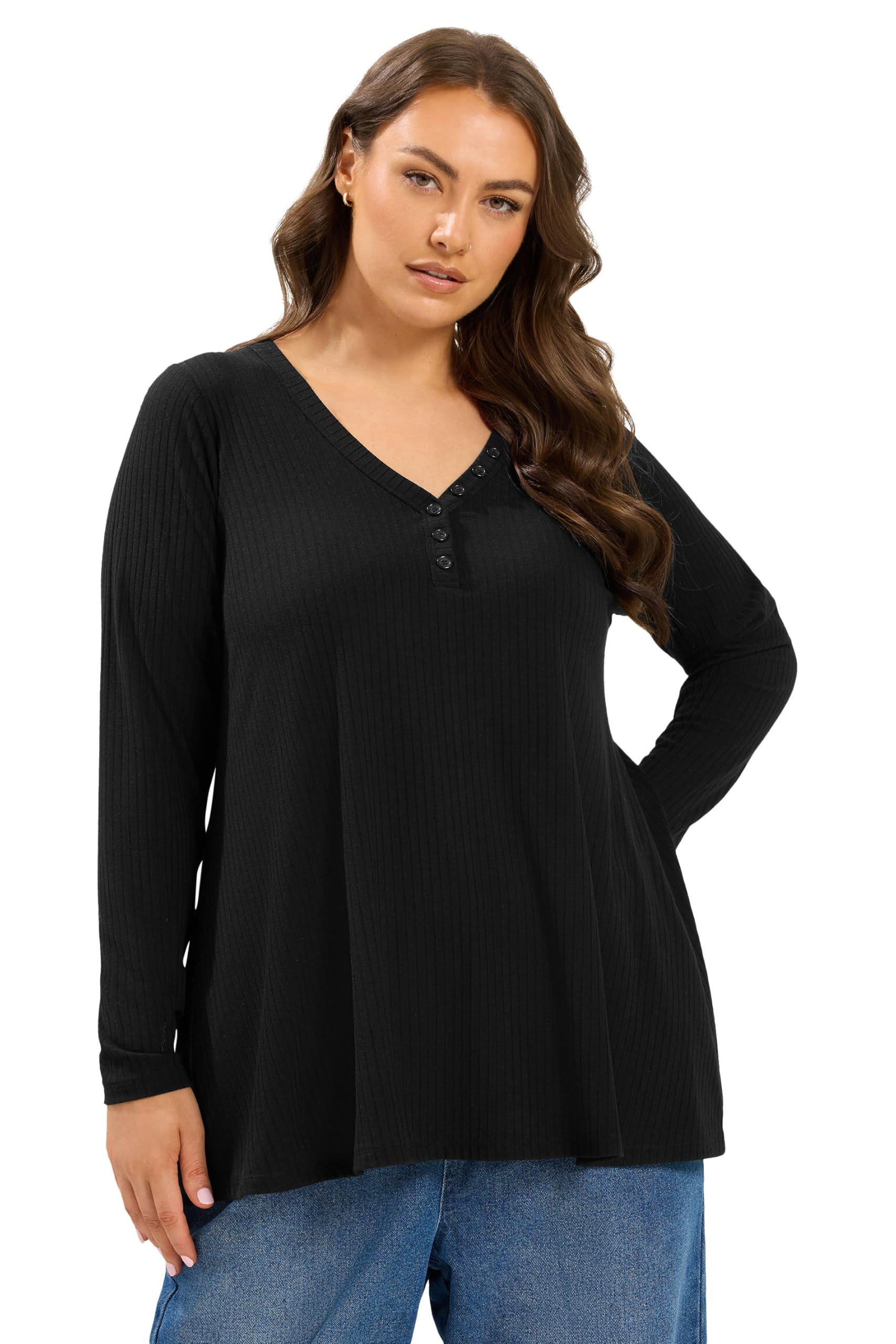 Yours Women's Black Henley Ribbed Swing Top In | : 38/40