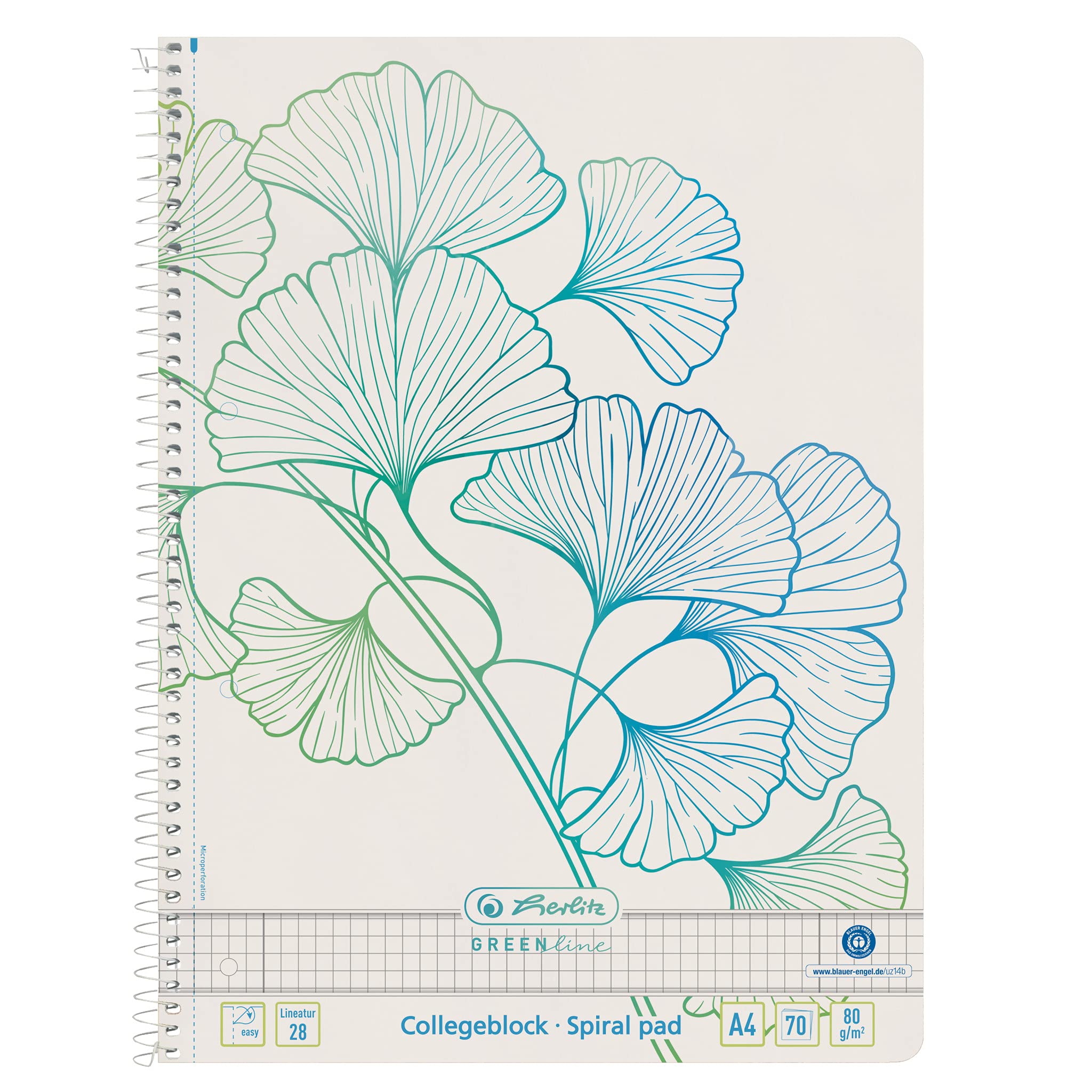 Herlitz Greenline Ginkgo Spiral Pad A4 70 Sheets Squared with 2 Margins Pack of 5 50033485