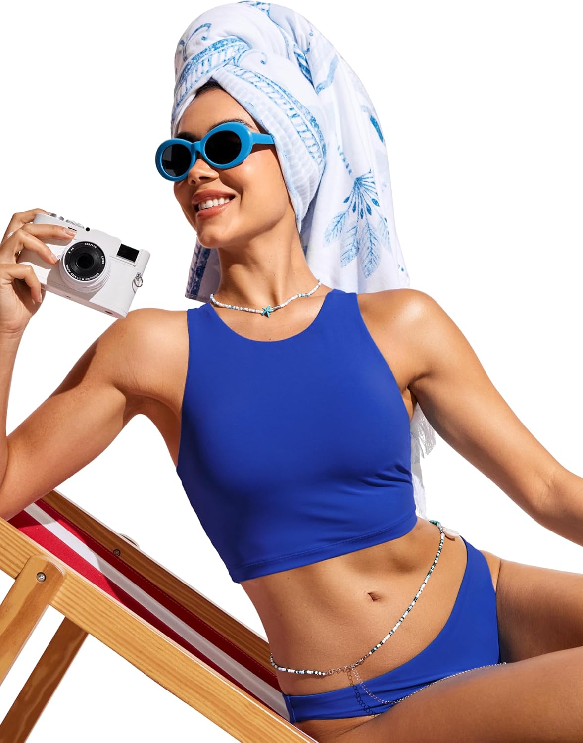CRZ YOGA Racerback Bikini Tops for Women - Padded High Neck Modest Swim Sports Bathing Bra