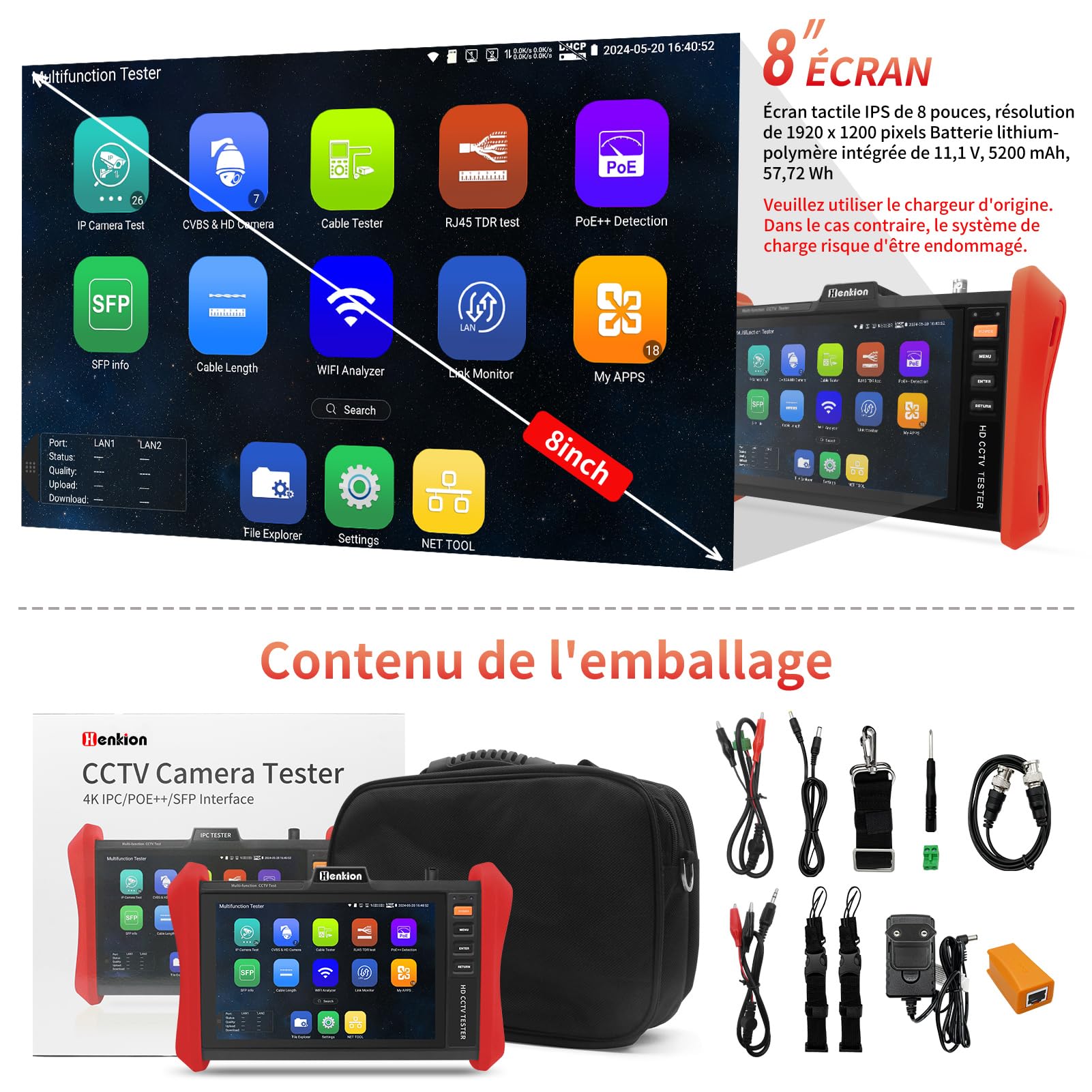 Henkion Testeur de Vidéosurveillance 4K 12MP Testeur de Caméras IP PoE++ Max 90W PoE CCTV Tester Coaxiales 8MP TVI/CVI/AHD/CVBS, 1CH SFP, WiFi, Outils Réseau, Testeur de Câbles, HD/VGA, Détection PoE