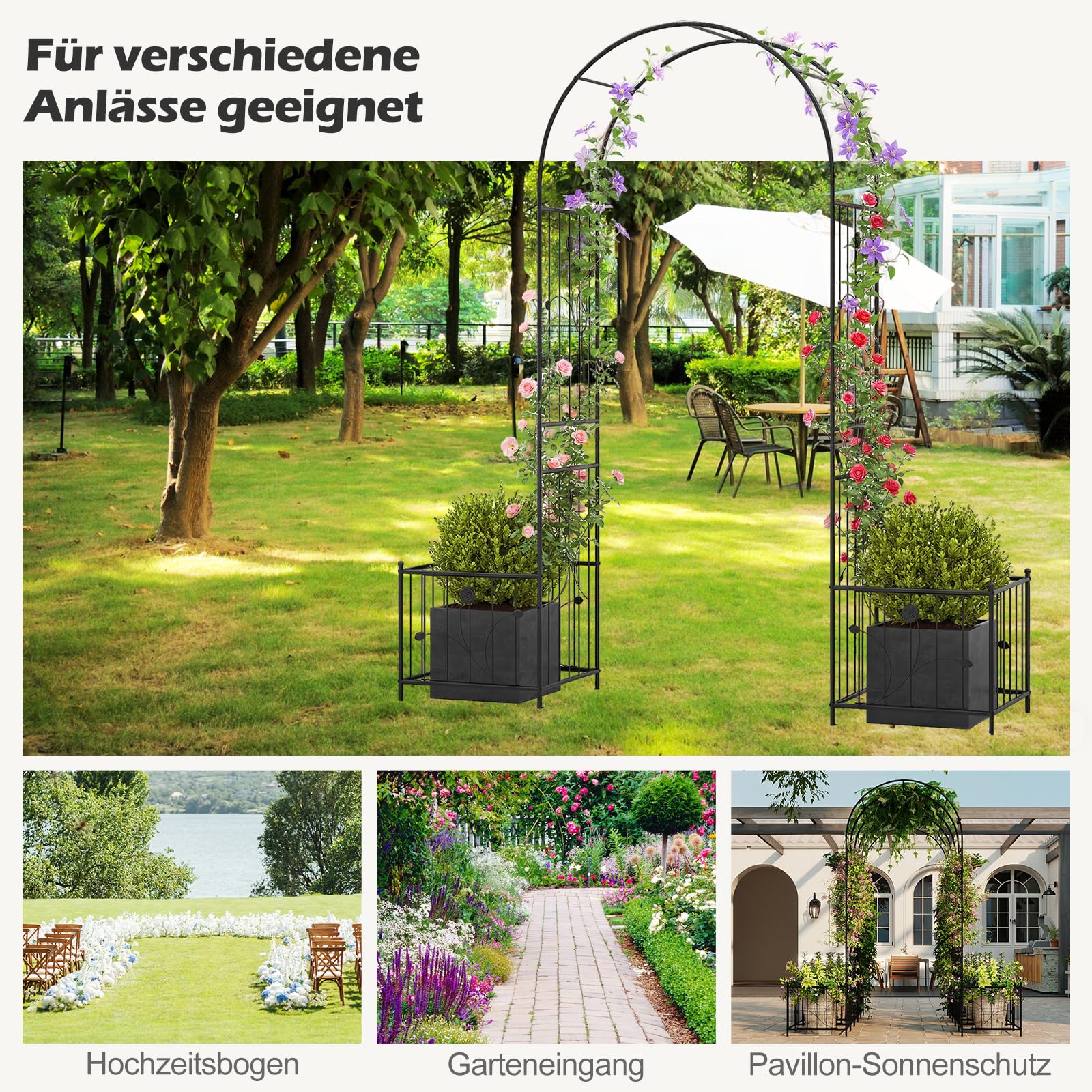 COSTWAY Łuk różany z 2 skrzynkami na kwiaty, łuk ogrodowy z metalu, stabilny, łuk do roślin pnących, pergola ze skrzynkami na rośliny, kratka dla roślin pnących, kratka dla roślin pnących, półłuk
