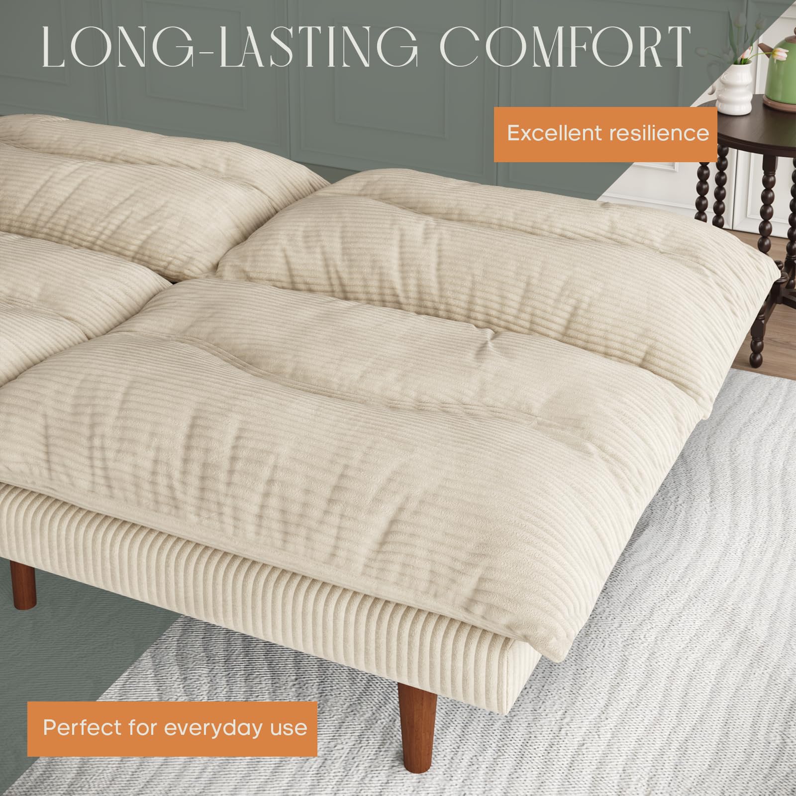DreamDashio Futon Sofa Bed, 69'' Futon Couch with Adjustable Backrest, Folding Sleeper Recliner, Corduroy Convertible Sleeper Sofa Bed for Apartment, Living Room, Office, Beige