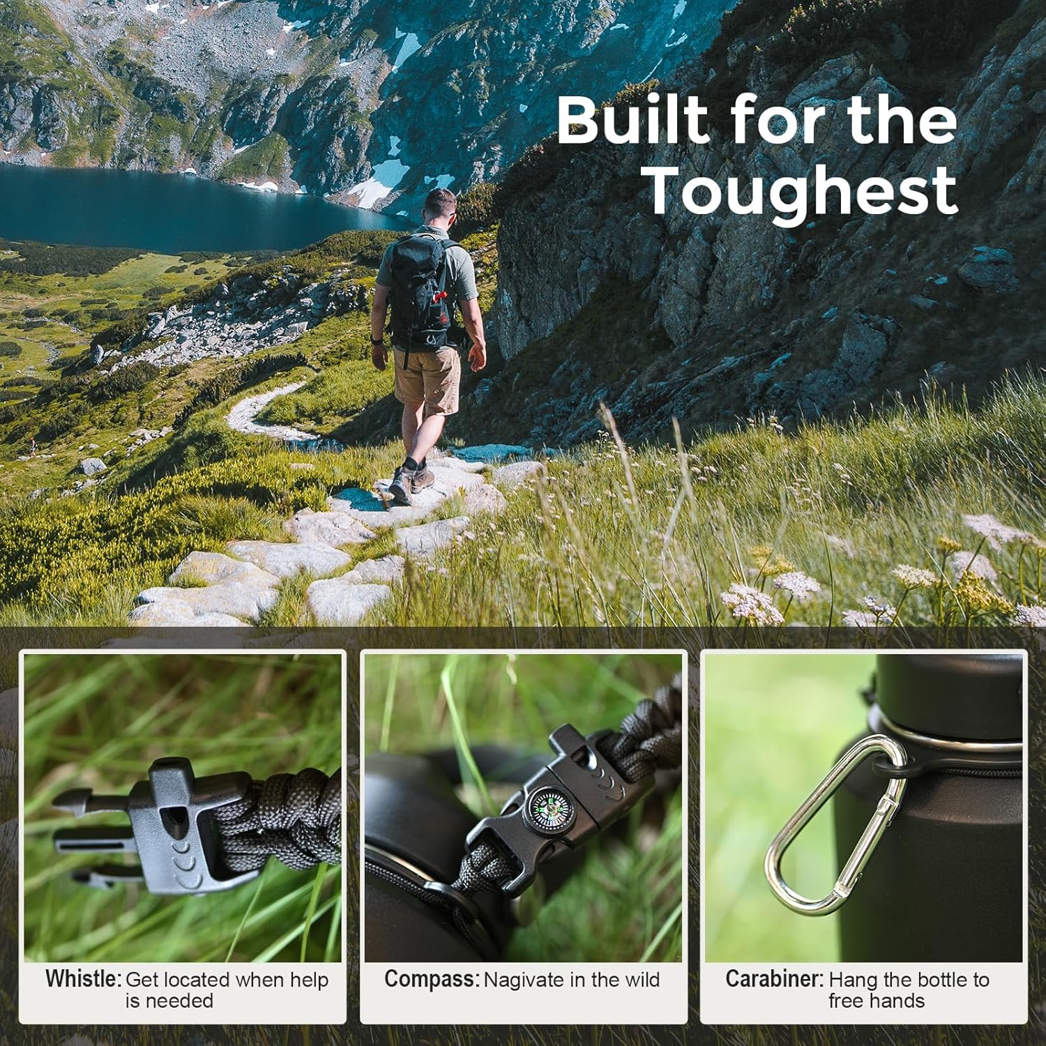 32oz Stainless Steel Water Bottle (Cold for 48 Hrs, Hot for 24 Hrs), Triple Wall Vacuum Insulated Water Bottle with Straw Lid, Spout Lid and Paracord Handle, Leakproof, Fit in Any Car Cup - Image 5