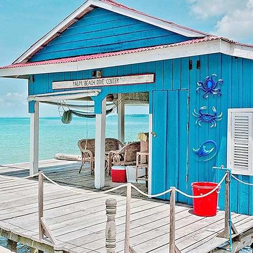 Vista 4 de Weibefee Decoración de pared de metal, pulpo, cangrejo, manta raya, océano náutico costero, decoración de Navidad, conciso de 9 pulgadas, juego de 3