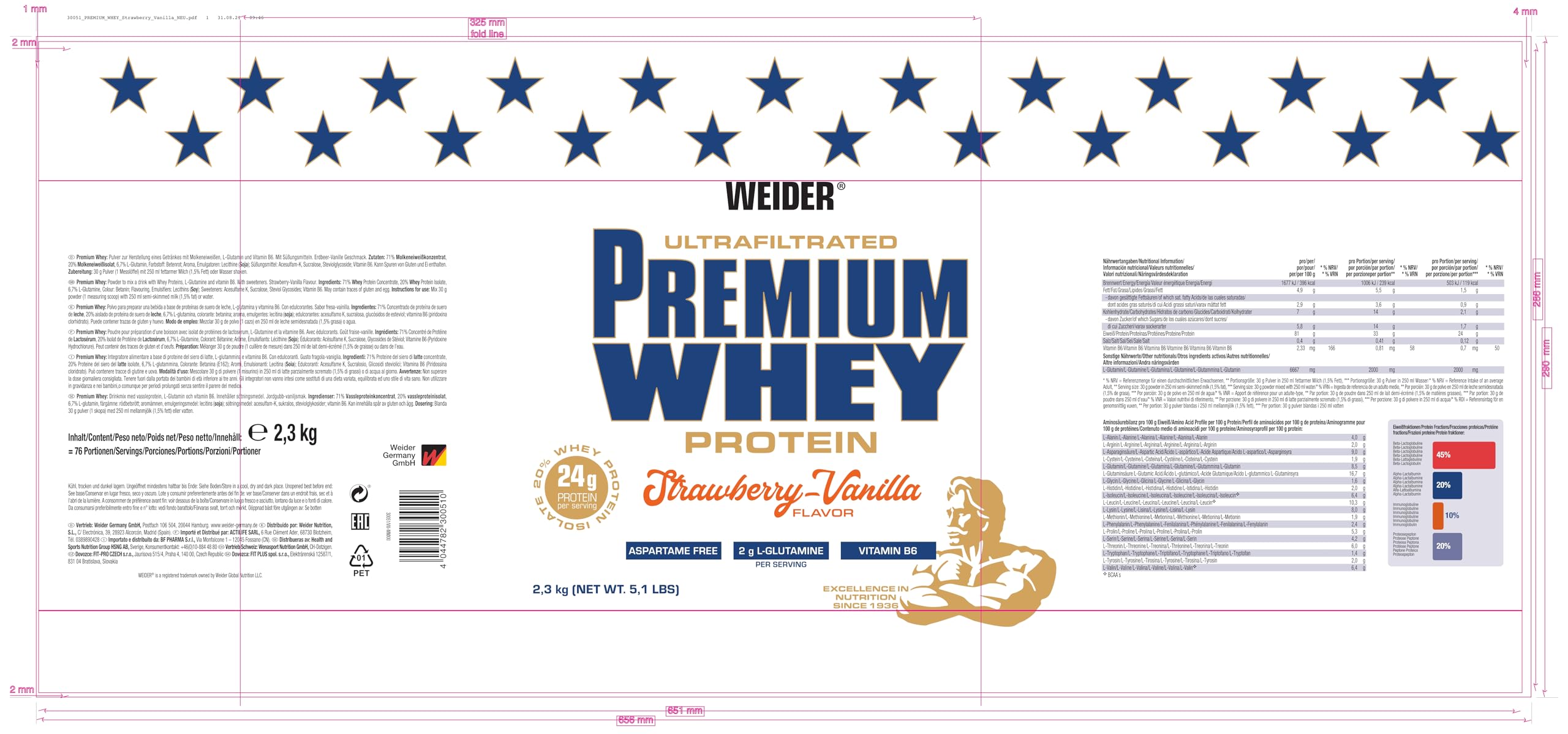 Weider Premium Whey Protein Poudre, 2,3kg, Fraise-Vanille | Haute Teneur en Protéines, Faible en Glucides & Graisses, Avec L-Glutamine et Vitamine B6
