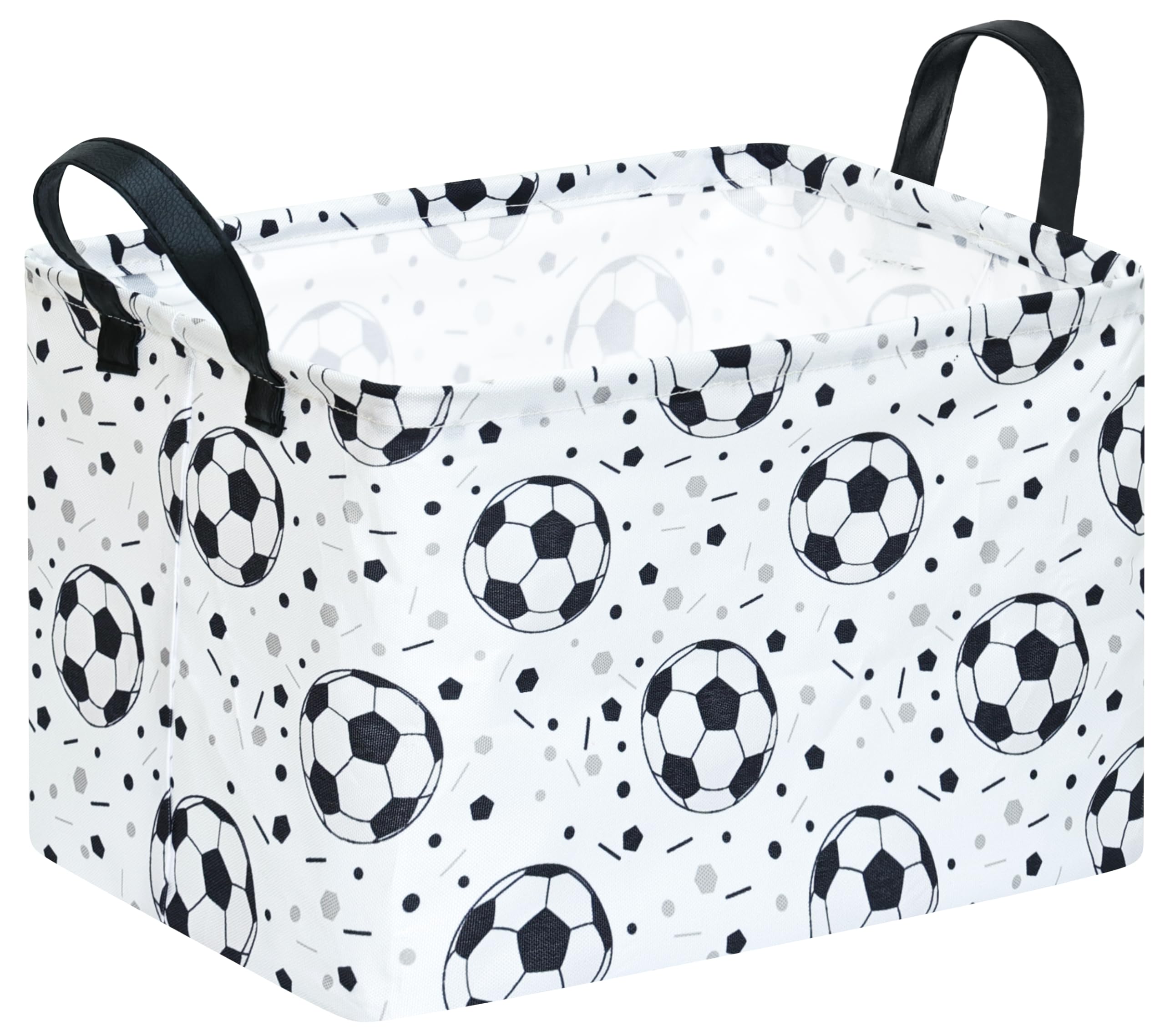 Kids Storage Basket with Soccer Print, 14.5" x 10.2" x 9.1", Waterproof with Leather Handles, Collapsible Rectangular Bin for Boys Sports Gear, Toys &amp; Laundry