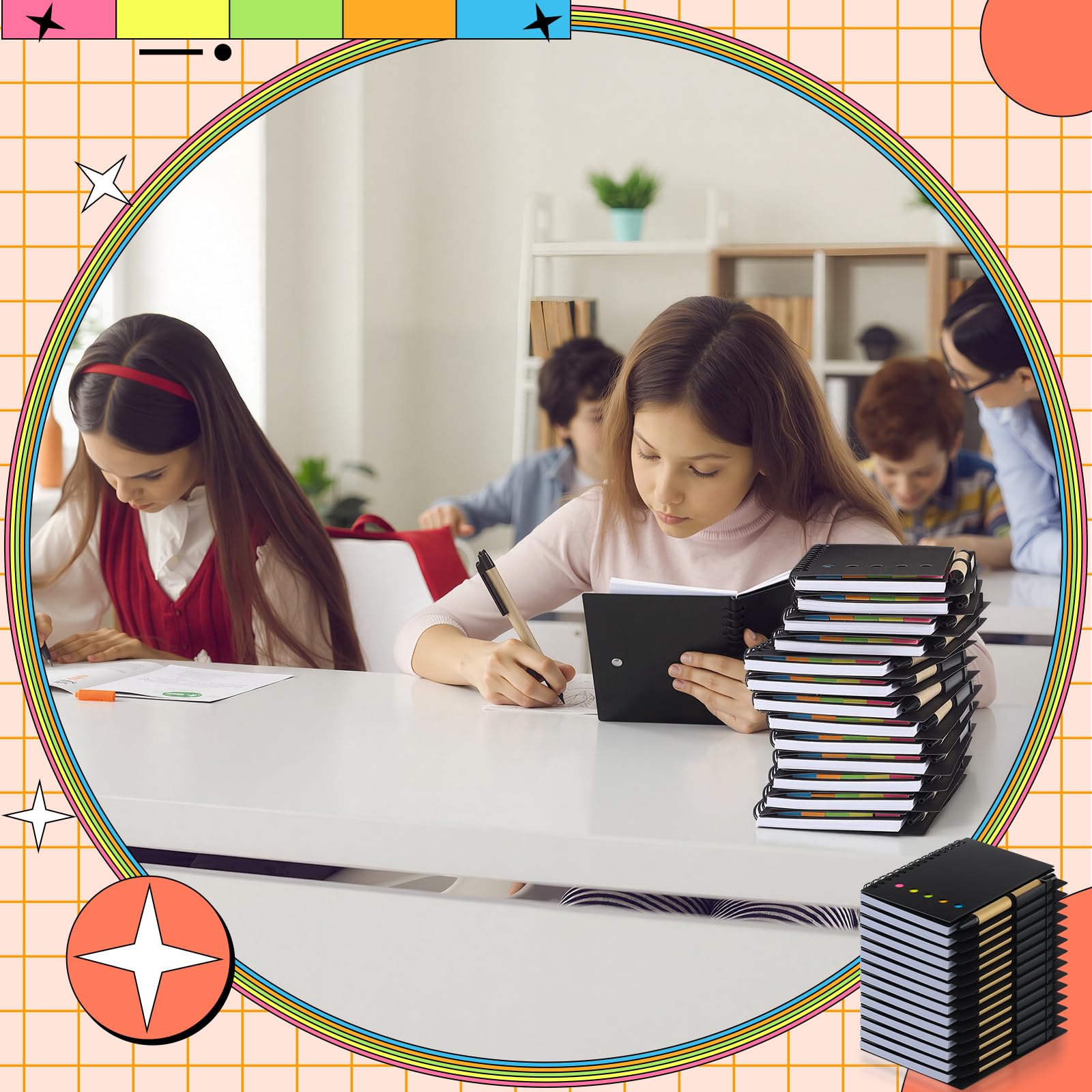 Qilery Confezione da 150 quaderni a spirale a righe, piccolo blocco note e penna, blocco note a righe, nero, tascabile, per ufficio aziendale