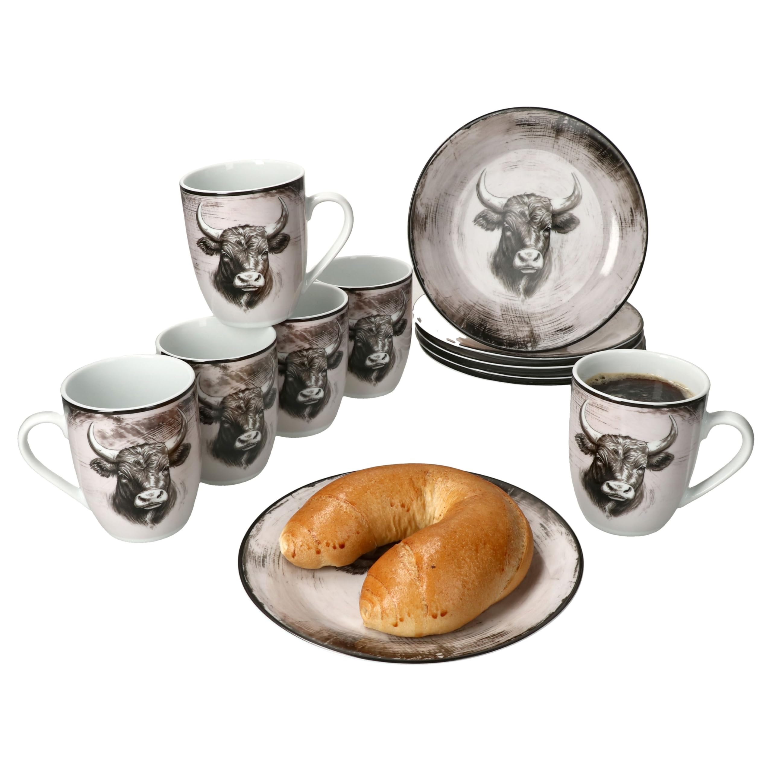 MamboCat Toro 12tlg Frühstücksset I Porzellan-Geschirr mit Kuhmotiv für 6 Personen I je 6x Kaffeebecher 280 ml & Frühstücksteller I rosa-cremefarbener Landhaus-Stil