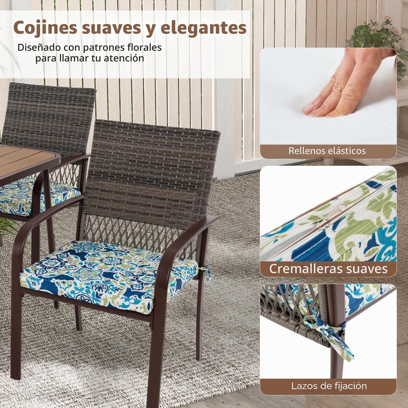 LIFEZEAL Conjunto de Muebles de poliratán, Mesa Centro de jardín con 4 sillas, Juego de Muebles de Comedor Exterior con Cojines y Orificio para sombrilla, para terraza, balcón, Zona de Piscina