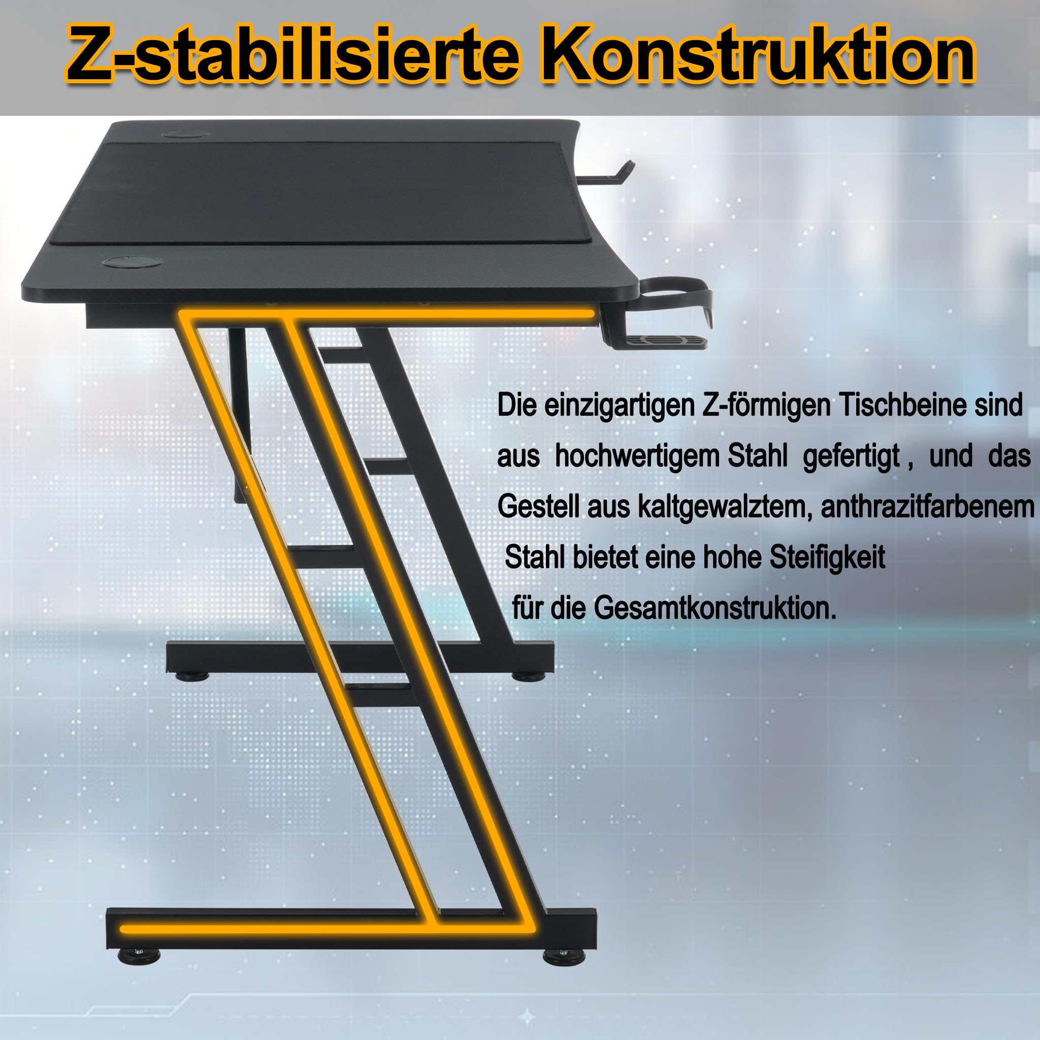 Gaming Tisch Schreibtisch 120x60cm Computertisch mit Kopfhörerhaken und Getränkehalter, Stabiles Z-Gestell Zocker Tisch zum Home Office(Typ A, Keine LED)
