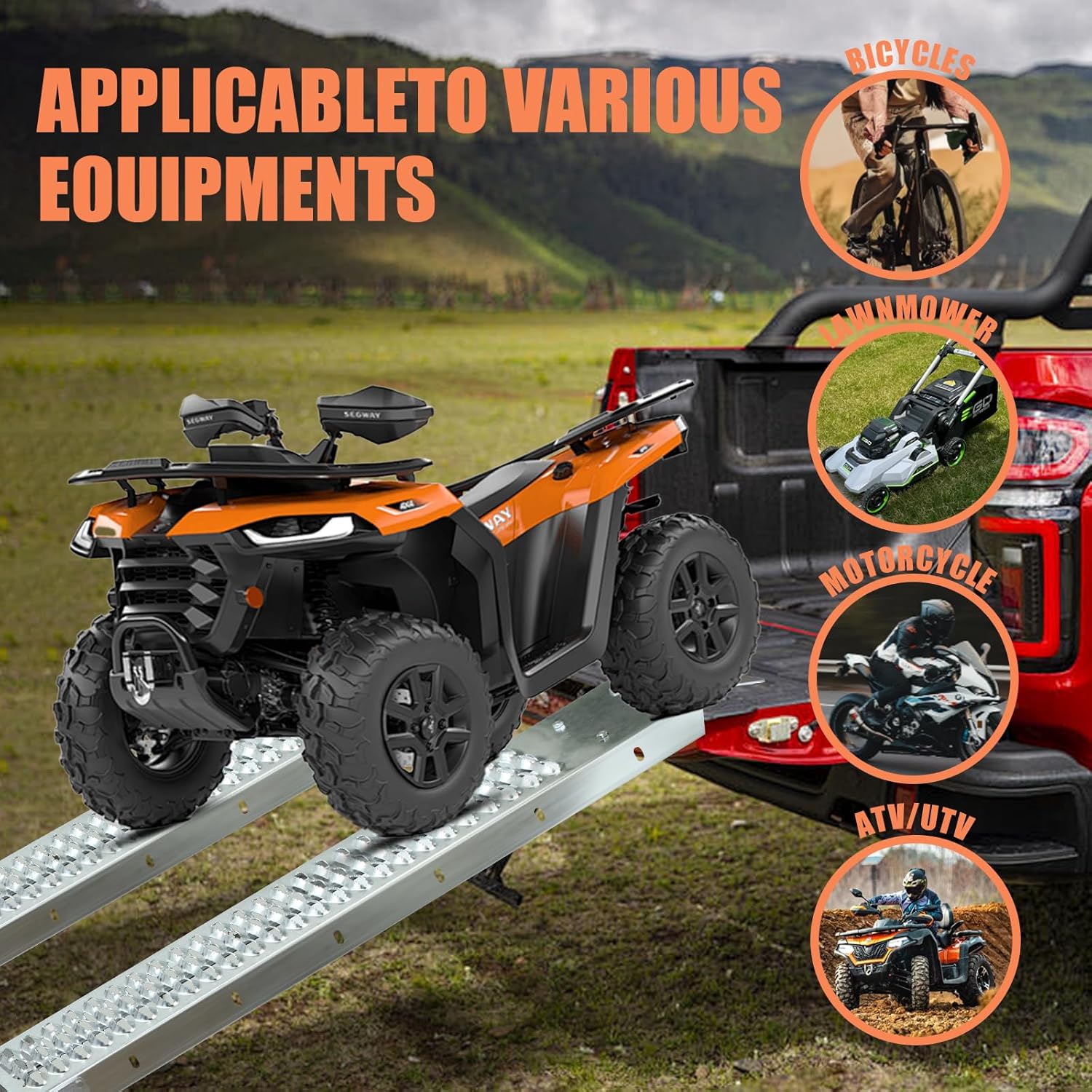 Aluminum Motorcycle Ramp, 750 Lbs Capacity, 7.25ft Folding Loading Ramp Truck Ramp with Load Straps for Pickup Trucks, Motorcycles, ATVs, UTVs, Lawn Mowers, Dirt Bikes (2)