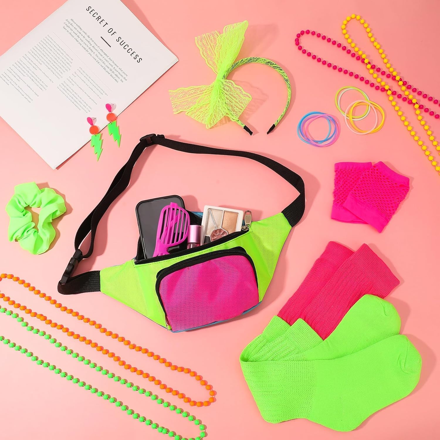 80s Accessories for Women Neon Fanny Pack Headband Earrings Bracelet Necklace Slouch Socks 80s Costume Outfit Set - Image 3
