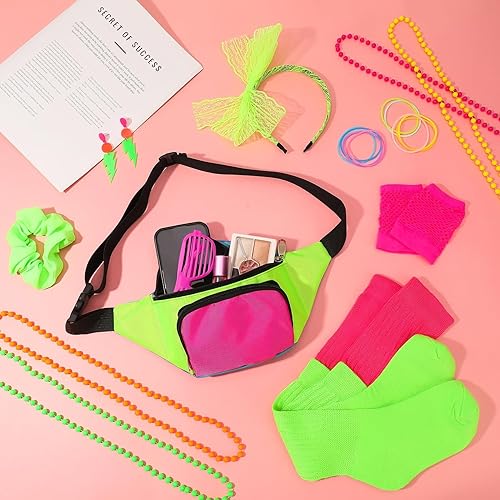 Miniatura 3 de Accesorios de los años 80 para mujer, riñonera de neón, diadema, aretes, pulsera, collar, calcetines holgados, guantes de red, coleteros de los años