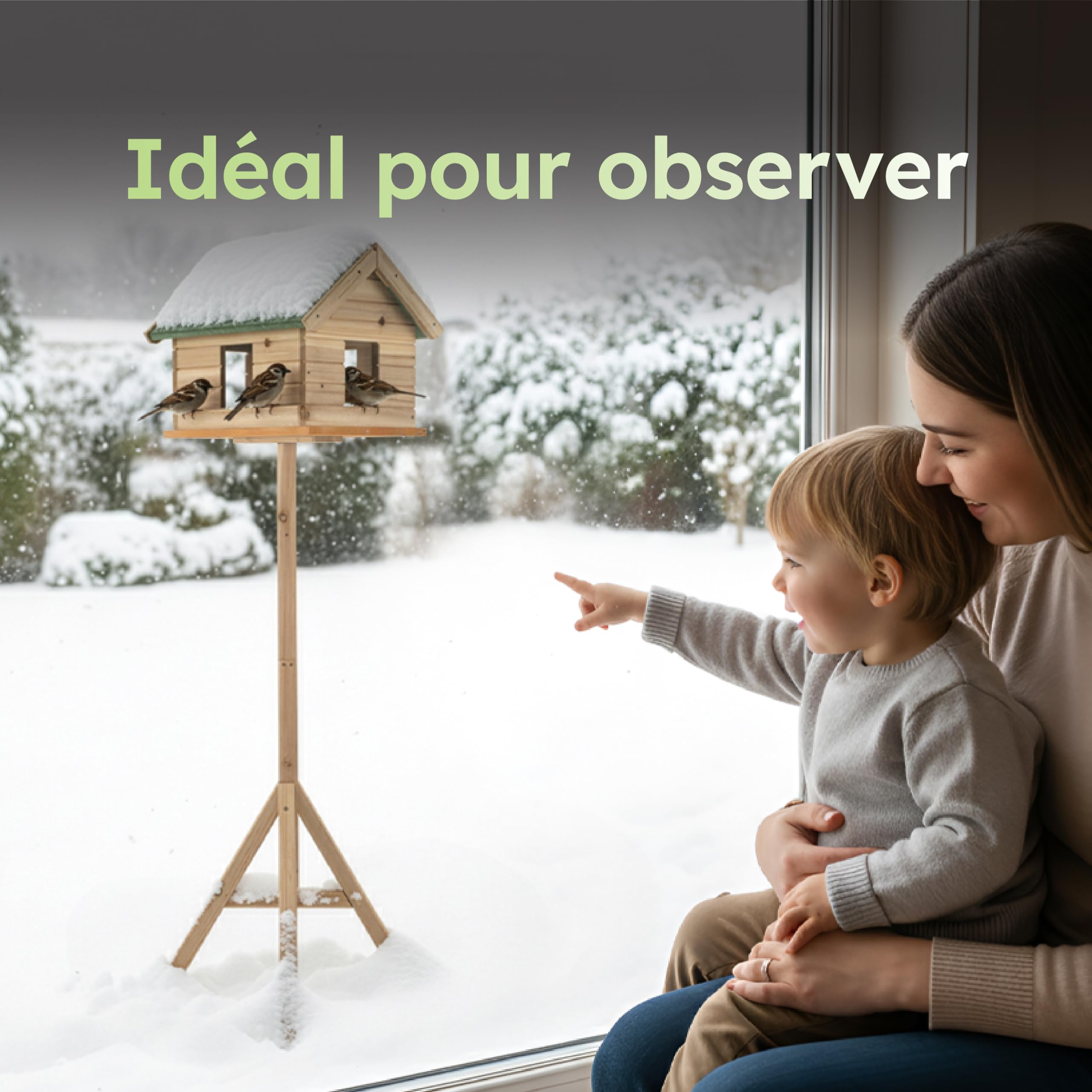 Moorland Nichoir Mangeoire Oiseaux Exterieur sur Pied 135 cm avec Fenêtres – Grande Mangeoire Cabane Oiseaux en Bois pour Jardin Balcon Terrasse – Toit Résistant aux Intempéries Toute l'Année – VH2
