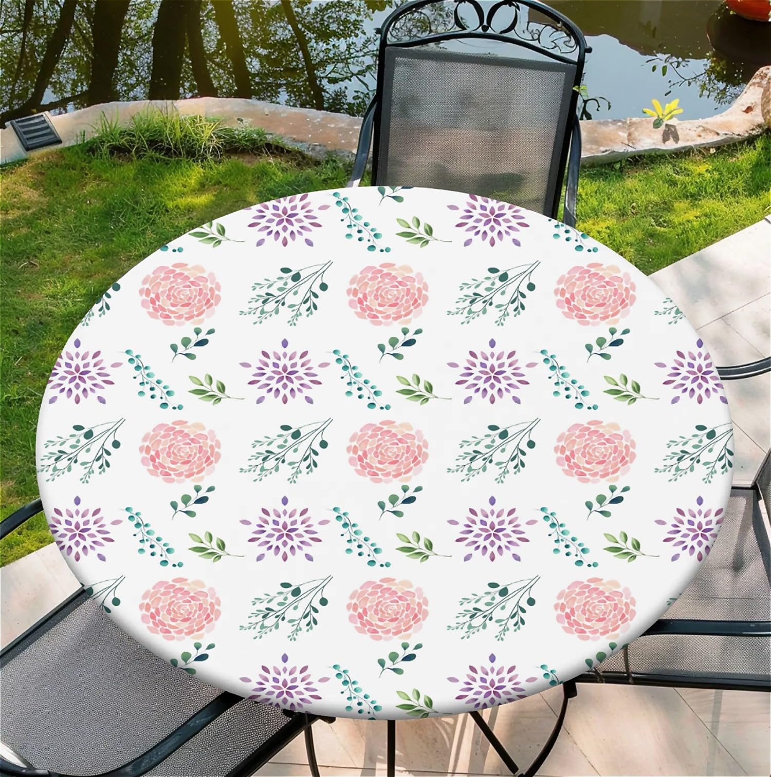 artslion Round Table Cloth with Elastic Edge 44 In– Waterproof Wipe Clean Fitted Table Cover for Indoor & Outdoor Use – Pink Rose Patterns