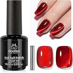 beetles Gel Polish Esmalte em gel vermelho rubi para olhos de gato – 15 ml, esmalte de gel com glitter vermelho, efeito de brilho magnético, efeito de imersão UV francês, design de arte de unhas