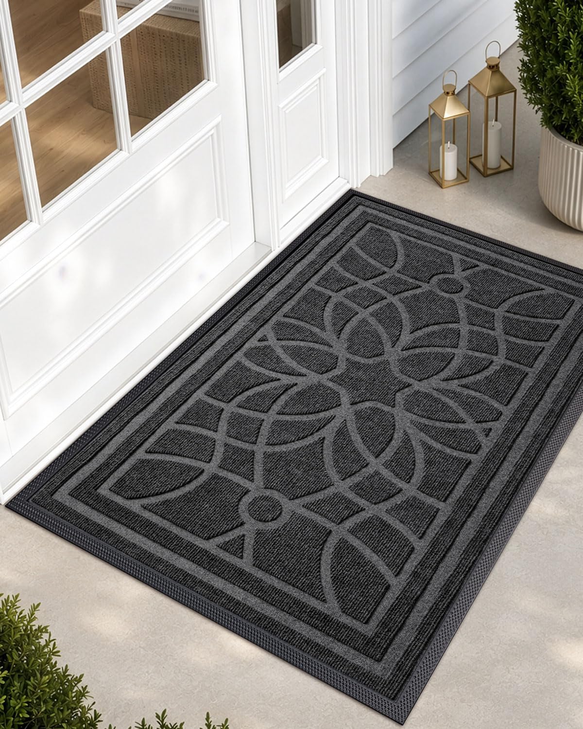 DEXI Front Door Mat Outside Entrance 3x5, Heavy Duty Non Slip, Grey | Low Profile Doormat with Rubber Back, Traps Dirt & Moisture, Easy to Clean, Fits Entryway, Patio, Garage