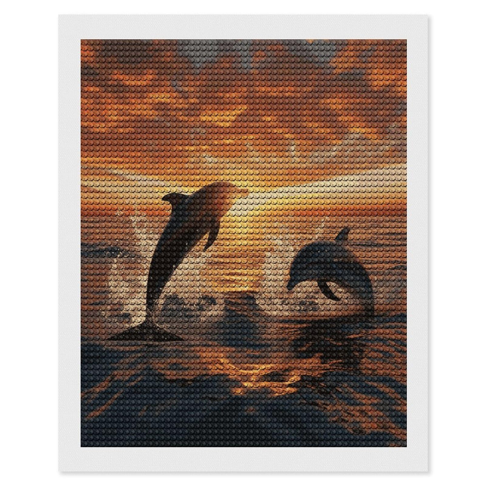JTREHY Dolphins Jumping Out of The Water at Sunset Diamond Art Kits Personalized DIY Round Diamond Painting Kits for Beginner Full Drill Diamonds Dots Paintings for Adults Gem Art Crafts Home Decor