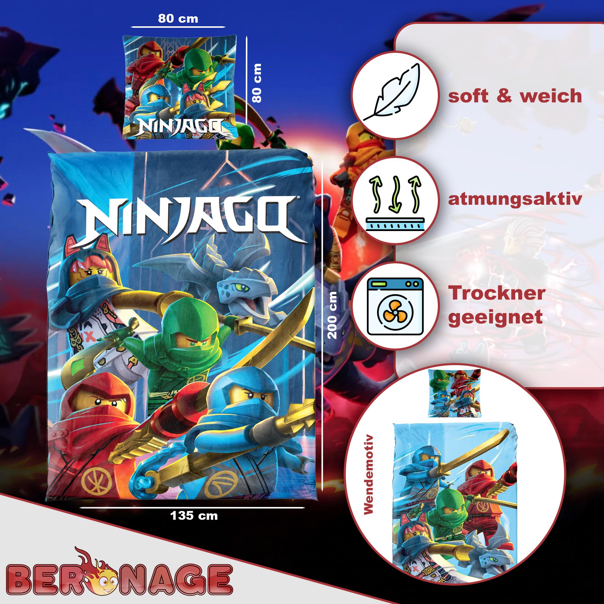 BERONAGE Lego Ninjago Kinder-Bettwäsche Ninja Save Heaven 135x200 cm + 80x80 cm 100% Baumwolle Linon/Renforcé Zwei Vollmotive - deutsche Größe Reißverschluss passend z. Decke Kissen Badetuch Poncho
