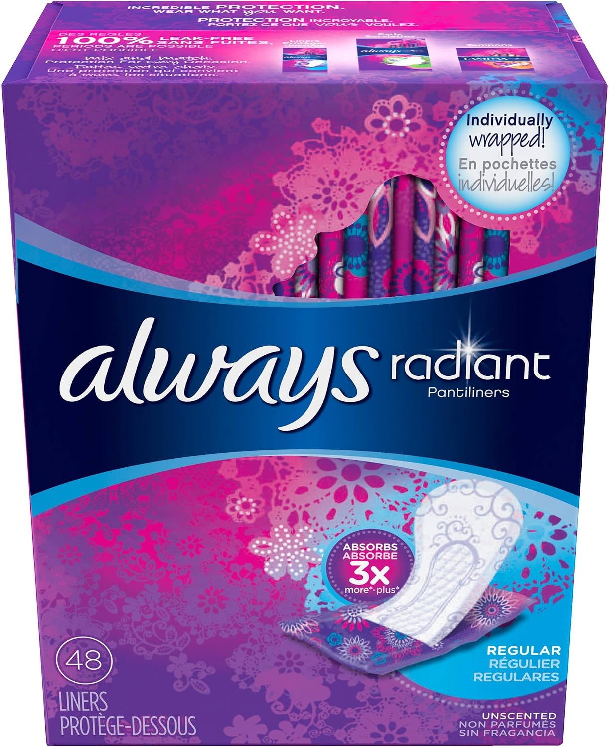 Always Radiant Pantiliners, Regular, Unscented, 48 Liners (Pack of 2)