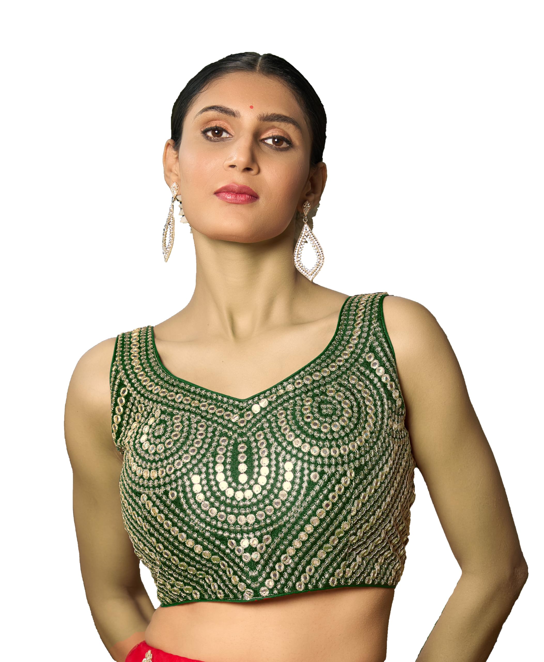 Pujia Mills Fancy Women's Foil Mirror And Thread Zari Work Sweetheart Neck Silk Sleeveless Blouse (Pc Bindi Foil Parent) (Green, 38)