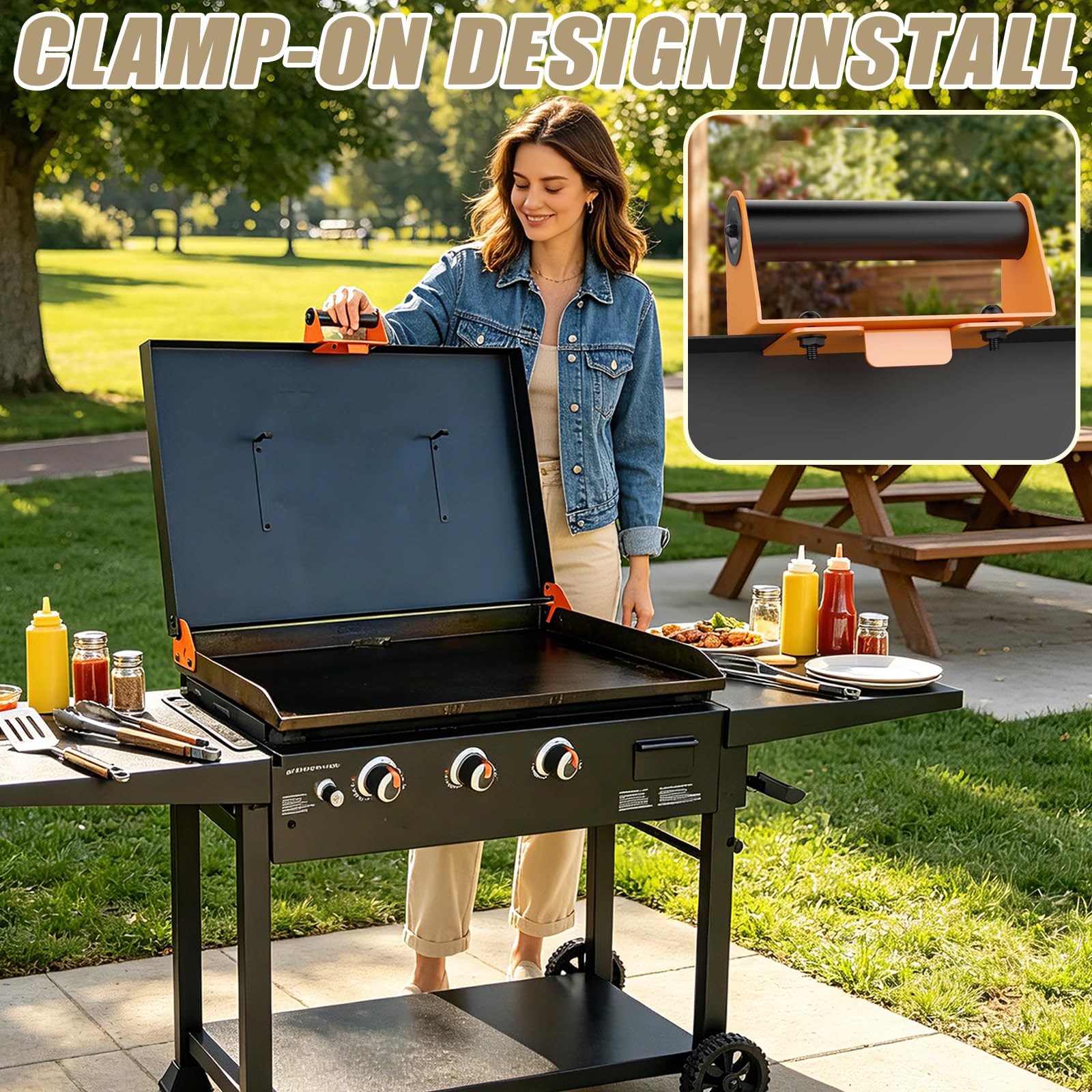 Blackstone Kit de poignée et de charnière pour couvercle de grille de cuisson Blackstone 71,1 cm/91,4 cm/111,8 cm pour convertir la coque rigide en couvercle à charnière, convient aux