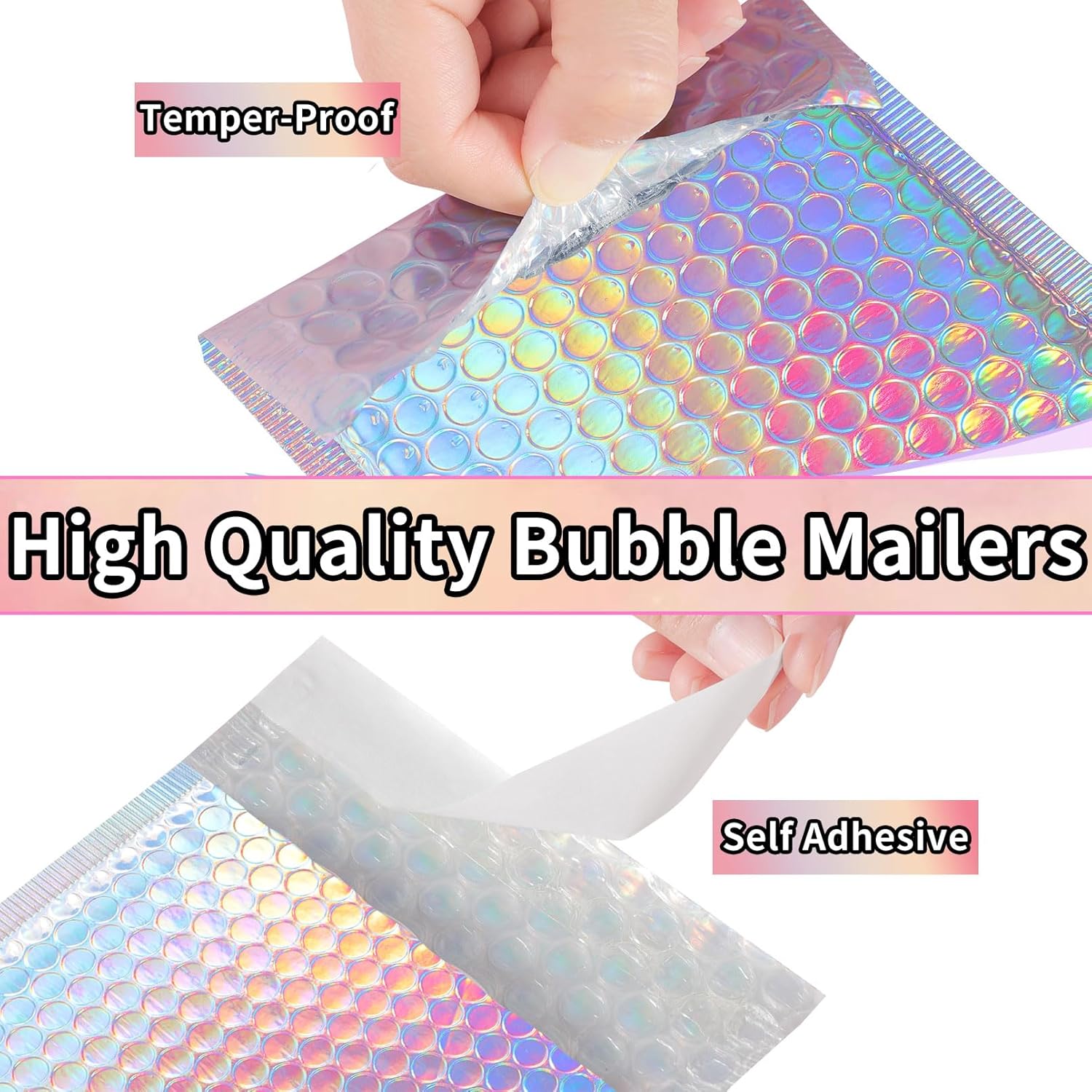 50 Pcs Metallic Bubble Mailers, Holographic Bubble Mailers, Poly Padded Envelopes, Adhesive Shipping Bags, Waterproof Self Sealing Cushion Envelopes for Mailing, Packing, Small Business